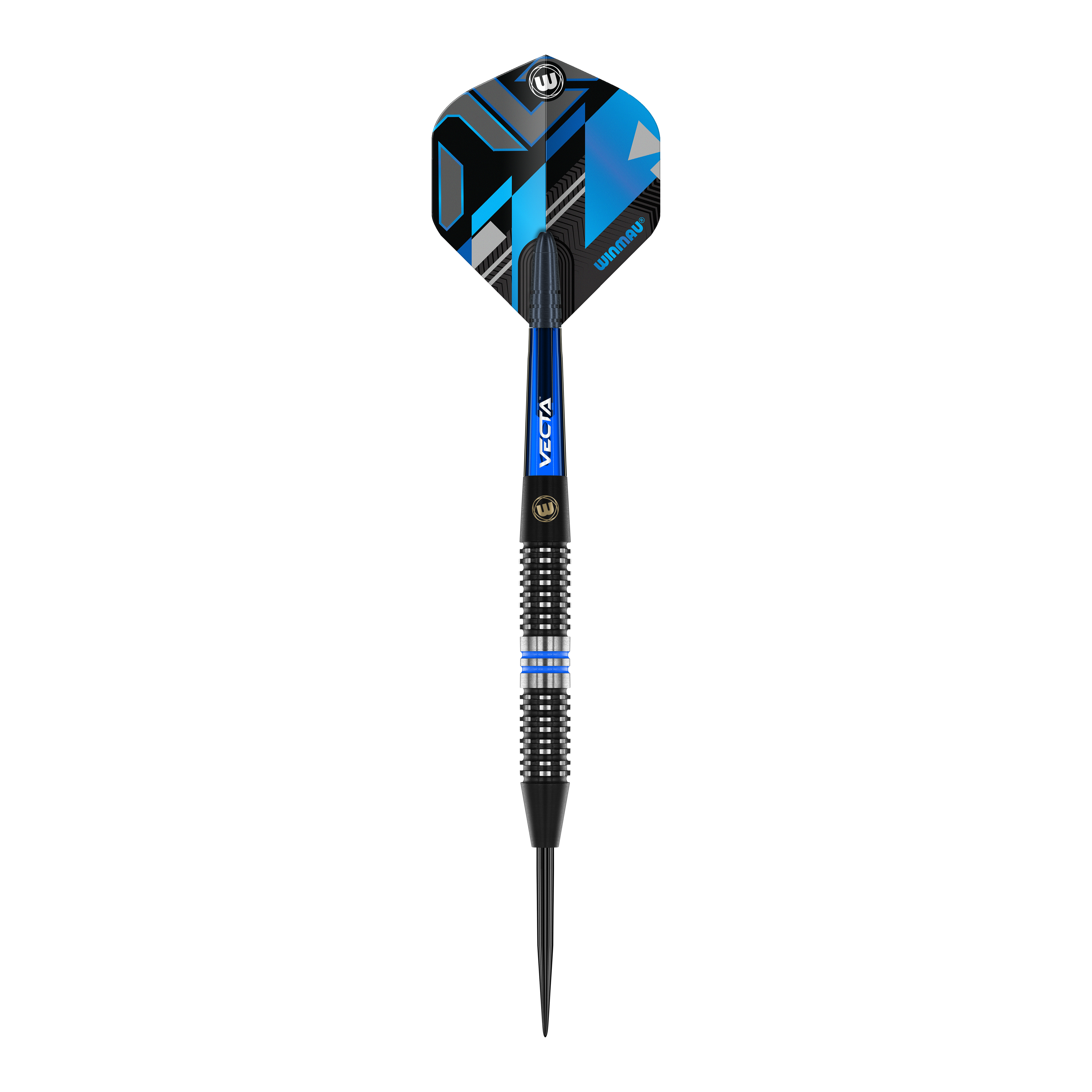 Winmau Galactics Steeldarts Das Bild zeigt einen Winmau Galactics Steeldart mit einem modernen, blauen und schwarzen Design. Der Dart hat eine strukturierte Griffzone und eine spitze Stahlspitze.