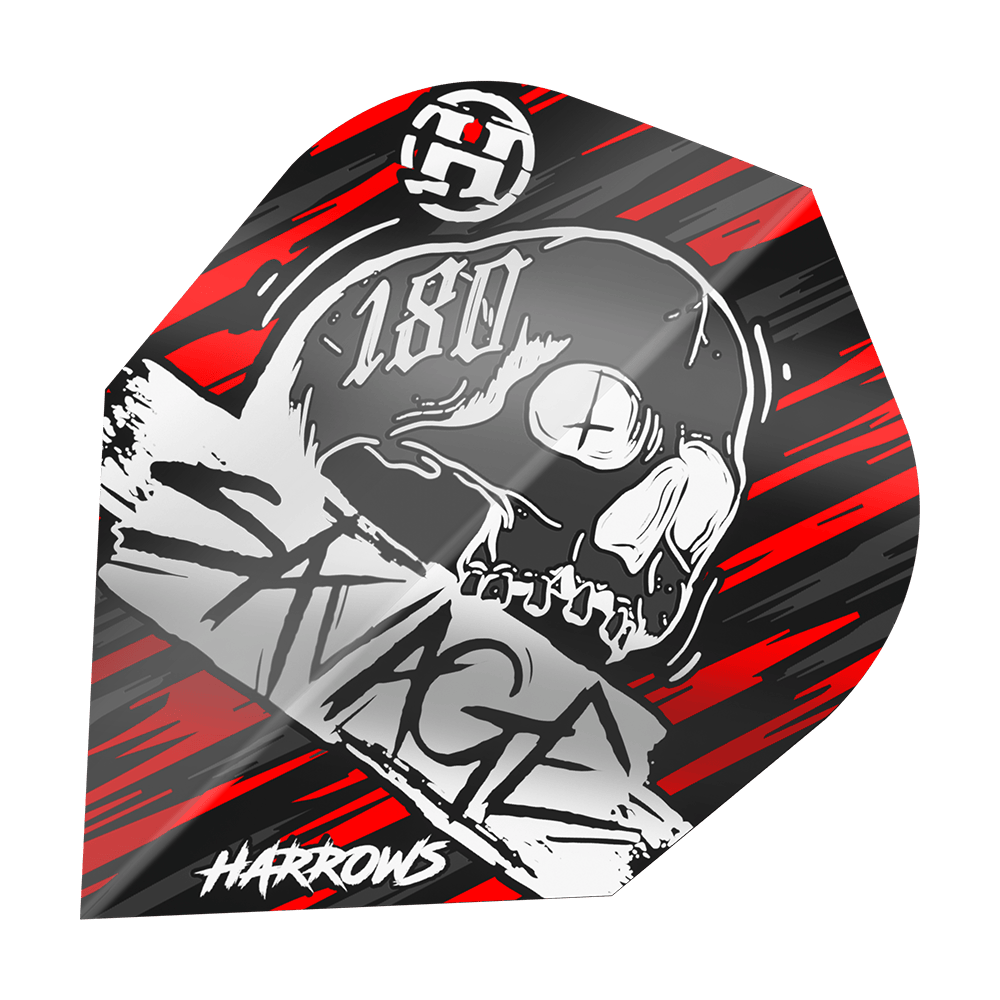 Harrow's Savage Red Silver No6 Flights Das Bild zeigt ein Dartflight mit einem Totenkopf-Design und der Aufschrift "SAVAGE" sowie "180". Die Farben sind hauptsächlich rot, schwarz und silber, und unten steht das Logo "Harrows".