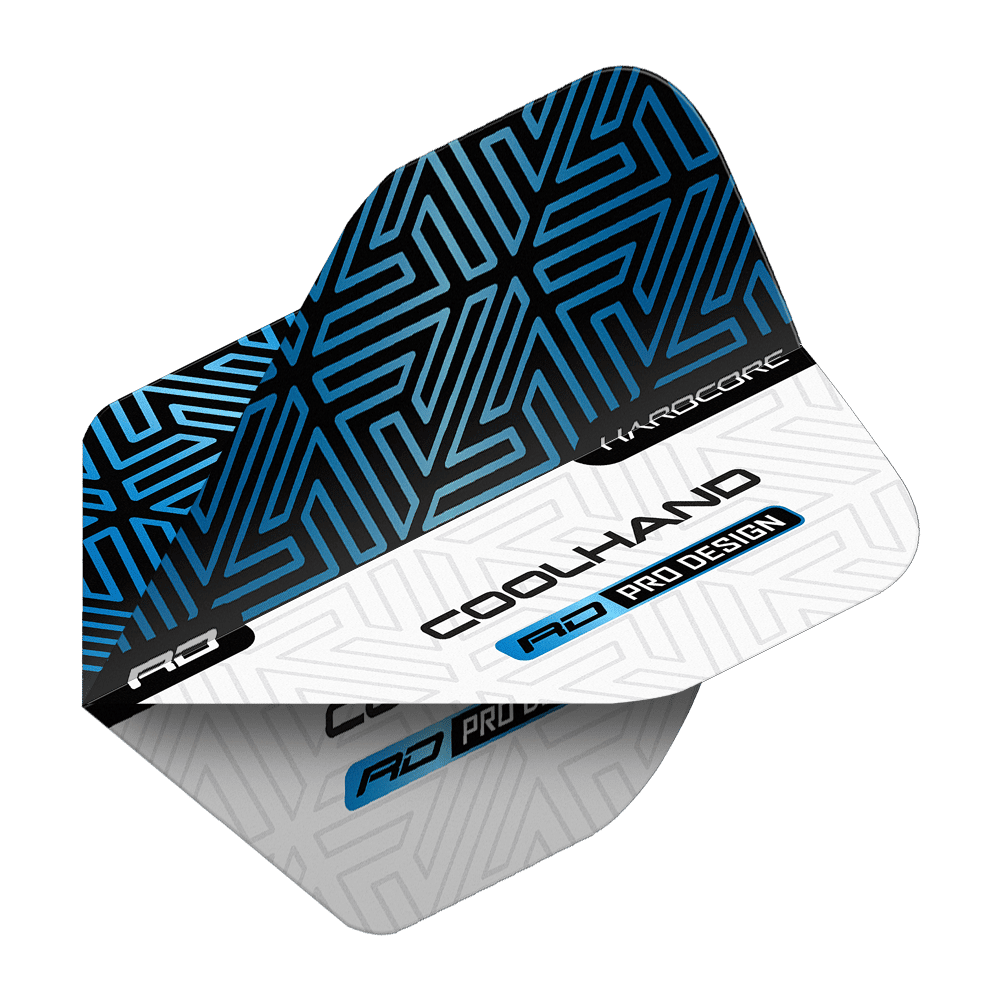 Red Dragon Hardcore Luke Humphries Blue White Premium Standard Flights Das Bild zeigt die Red Dragon Hardcore Luke Humphries Blue White Premium Standard Flights. Die Flights sind blau-weiß gestaltet und tragen die Aufschrift „COOLHAND“ sowie „RD PRO DESIGN“.