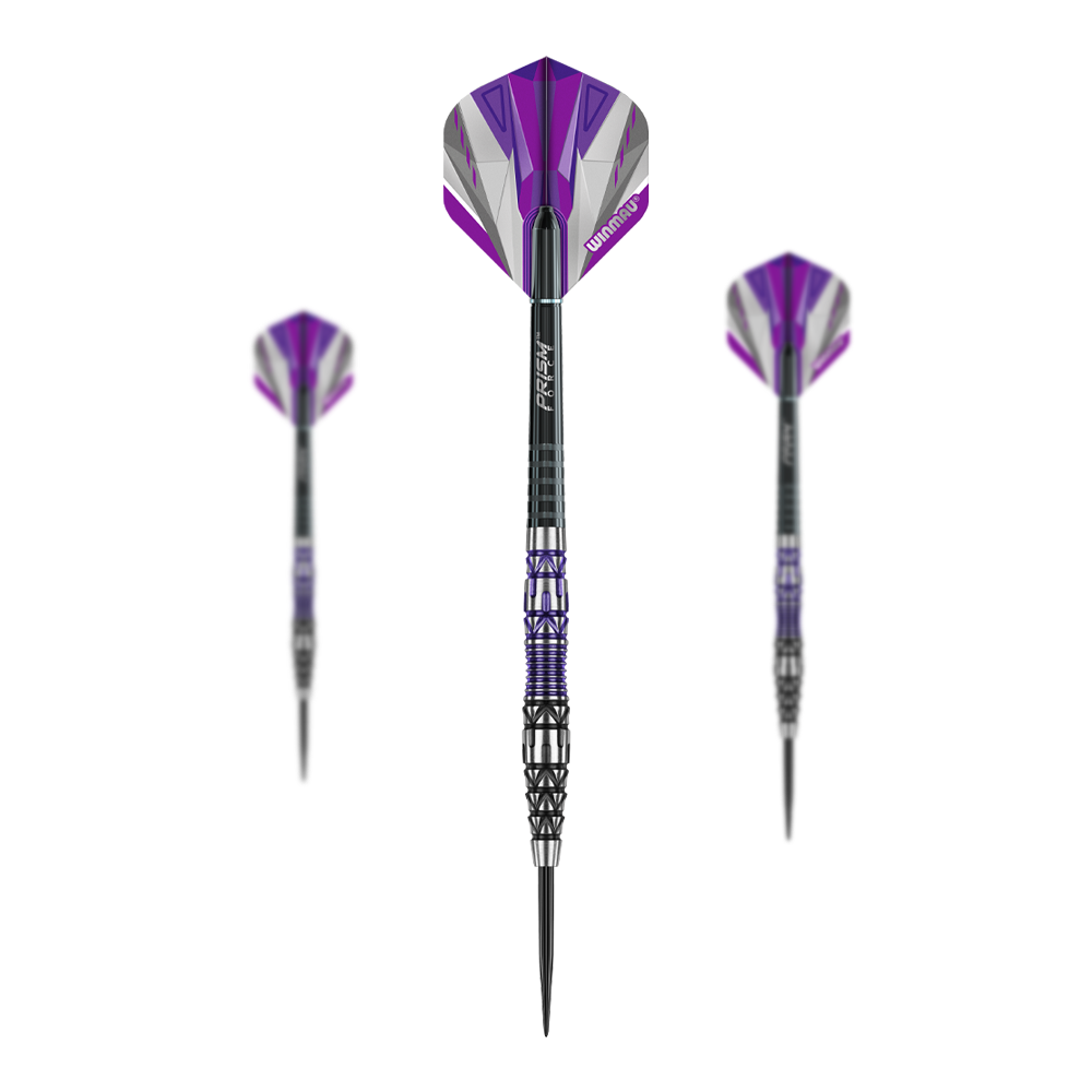 Winmau Simon Whitlock Special Edition 2020 steel darts Das Bild zeigt drei Steeldarts des Produkts "Winmau Simon Whitlock Special Edition 2020". Die Pfeile sind schwarz, silber und lila gefärbt und haben auffällige Muster am Schaft.