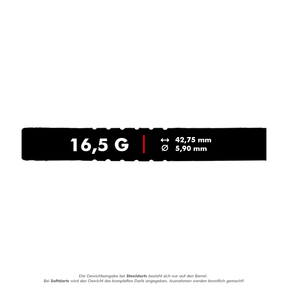 McDart 85 Tungsten V19 soft darts - 16.5g Das Bild zeigt die technischen Daten des Produkts "McDart 85er Tungsten V19 Softdarts - 16,5g". Der Dart wiegt 16,5 Gramm, ist 42,75 mm lang und hat einen Durchmesser von 5,90 mm.