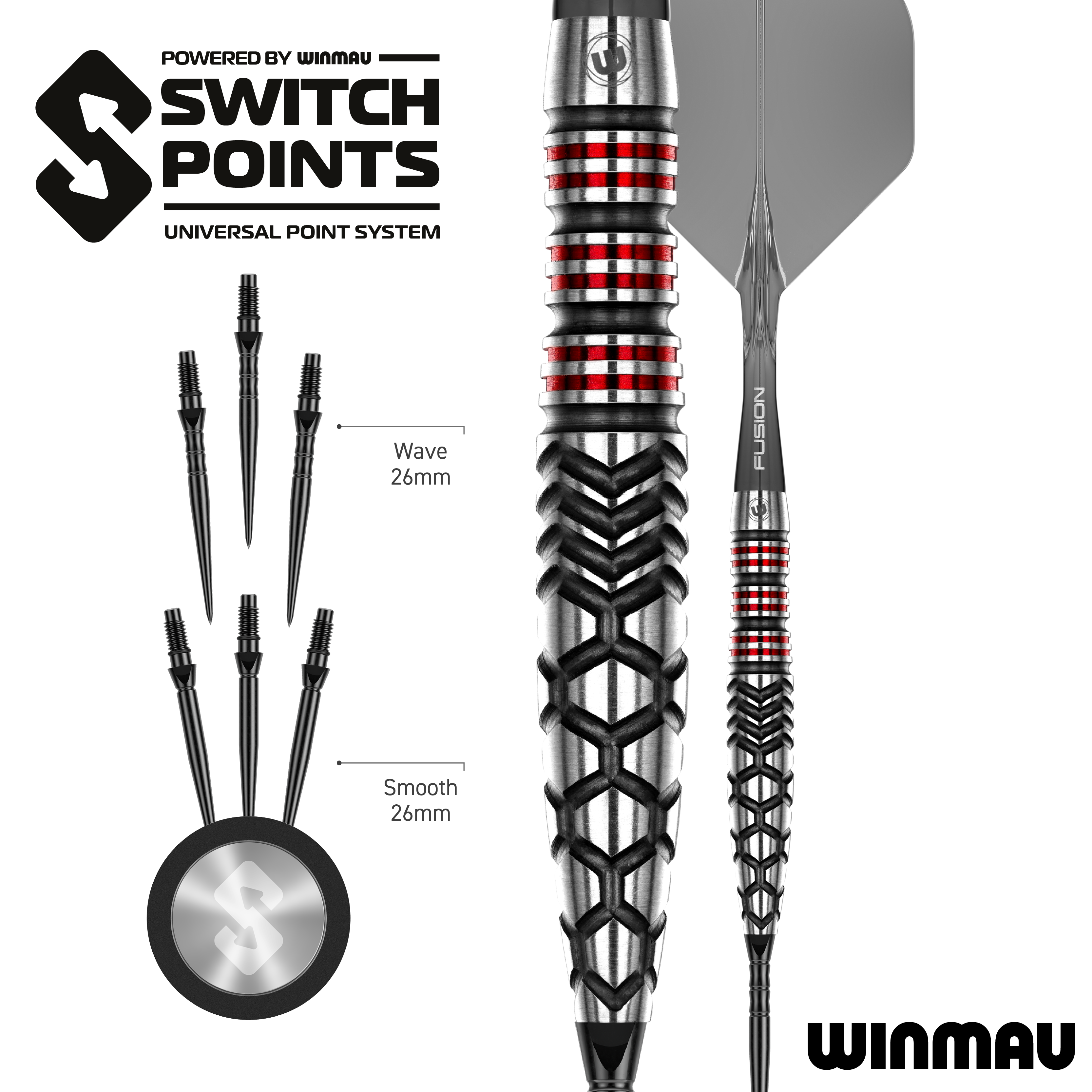 Das Bild zeigt die Winmau Fornax Torpedo Switch Points Steeldarts. Diese Steeldarts sind speziell für hohe Präzision und Leistung entwickelt.