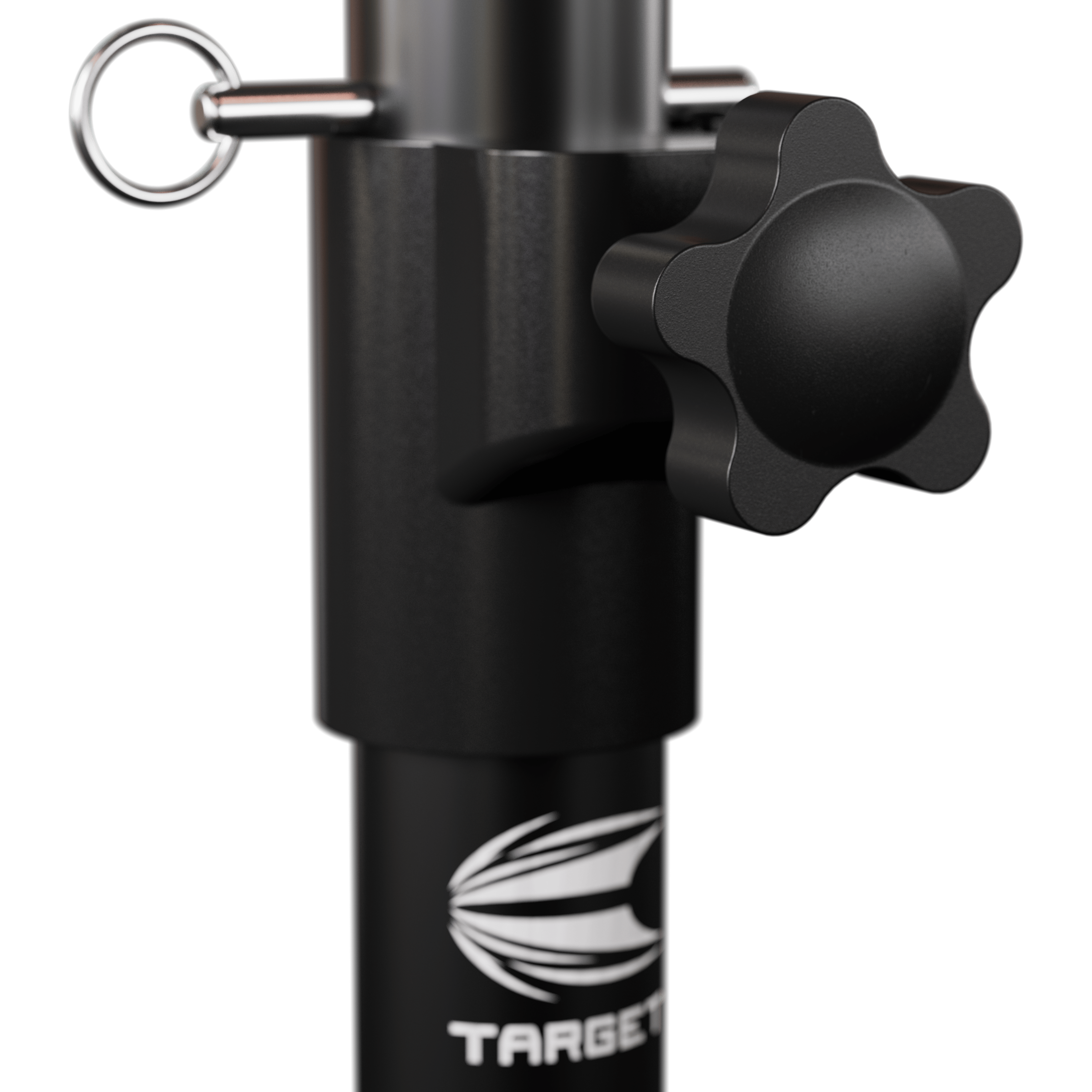 Target Dartboard Stand Das Bild zeigt einen Teil eines Target Dartboard Ständers mit einem Drehknopf zur Höhenverstellung. Unten ist das Target-Logo deutlich sichtbar.