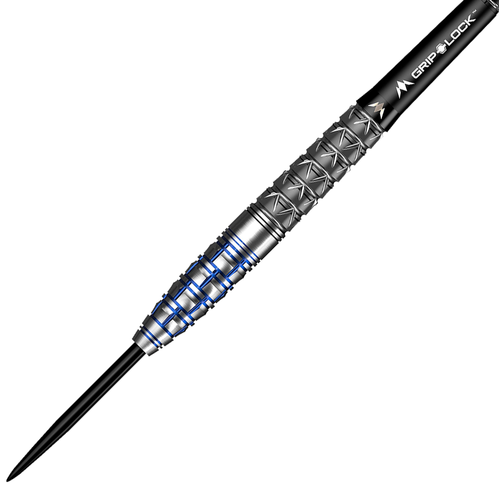 M001069_Mission_Xiaochen_Zong_Pandaman_Steeldarts_2 Das Bild zeigt einen Mission Xiaochen Zong Pandaman Steeldart mit einem Gewicht von 22g. Der Dartpfeil hat eine silberne Metalloberfläche mit blauen Akzenten und einem schwarzen Schaft.
