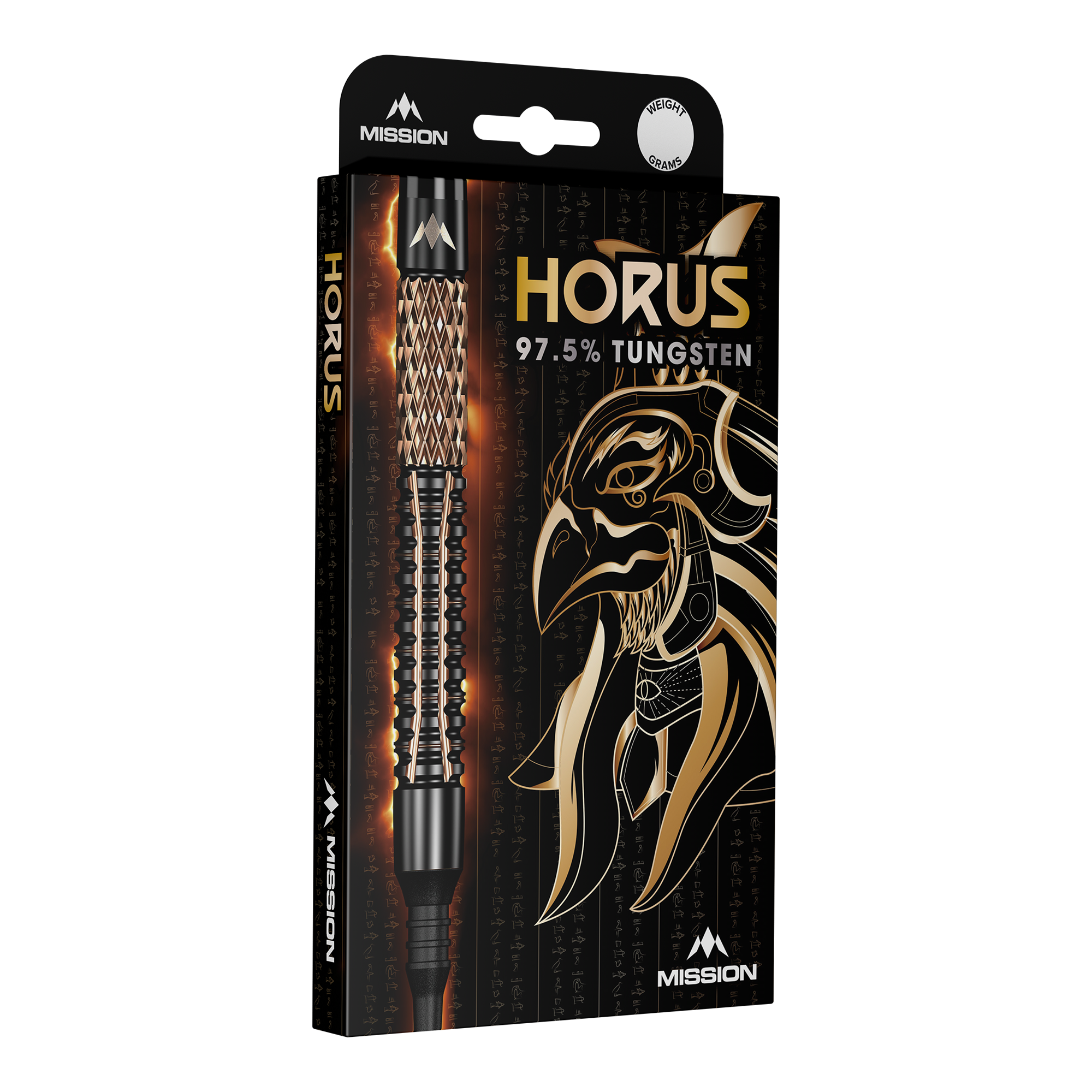 Mission Horus Softdarts - 19g Die Abbildung zeigt die Verpackung der "Mission Horus Softdarts - 19g". Auf der Vorderseite sind der Dartpfeil, der Produktname und ein goldener Horus-Kopf abgebildet.