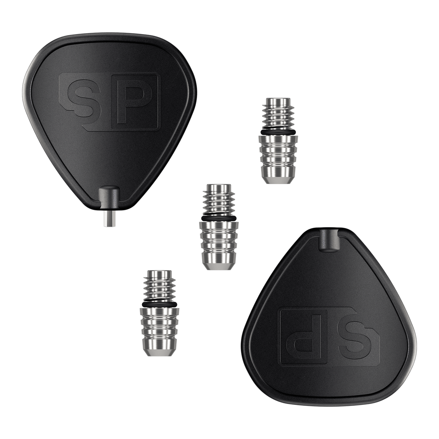 Target Swiss Point 2BA Converter - Silber Das Bild zeigt den Target Swiss Point 2BA Converter in Silber mit mehreren silbernen Konvertern. Ebenfalls abgebildet sind zwei schwarze Kunststoffhüllen zur Aufbewahrung der Konverter.