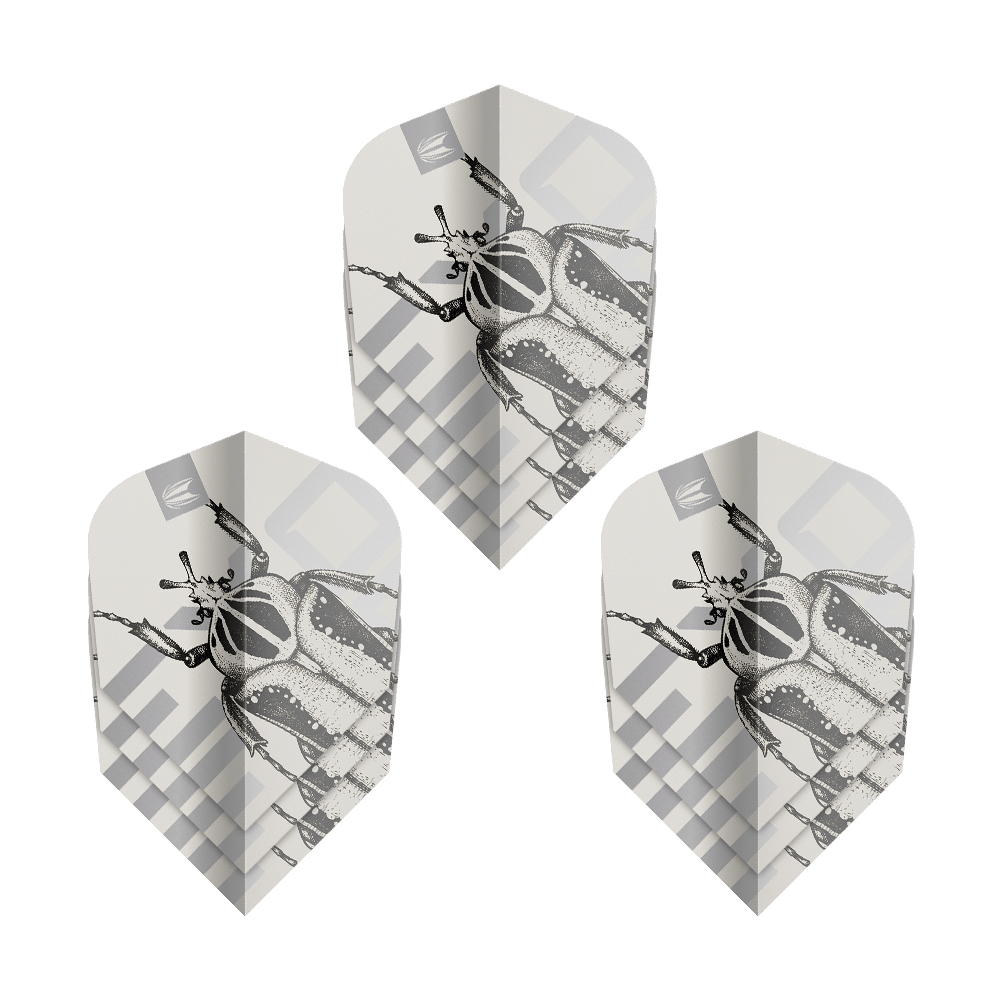 Target Pro Ultra Exo 2.0 Ten-X Flights - 3 sets Das Bild zeigt drei Sätze der Target Pro Ultra Exo 2.0 Ten-X Flights. Auf den Flights ist ein detailreiches Käfermotiv in Schwarz-Weiß abgebildet.