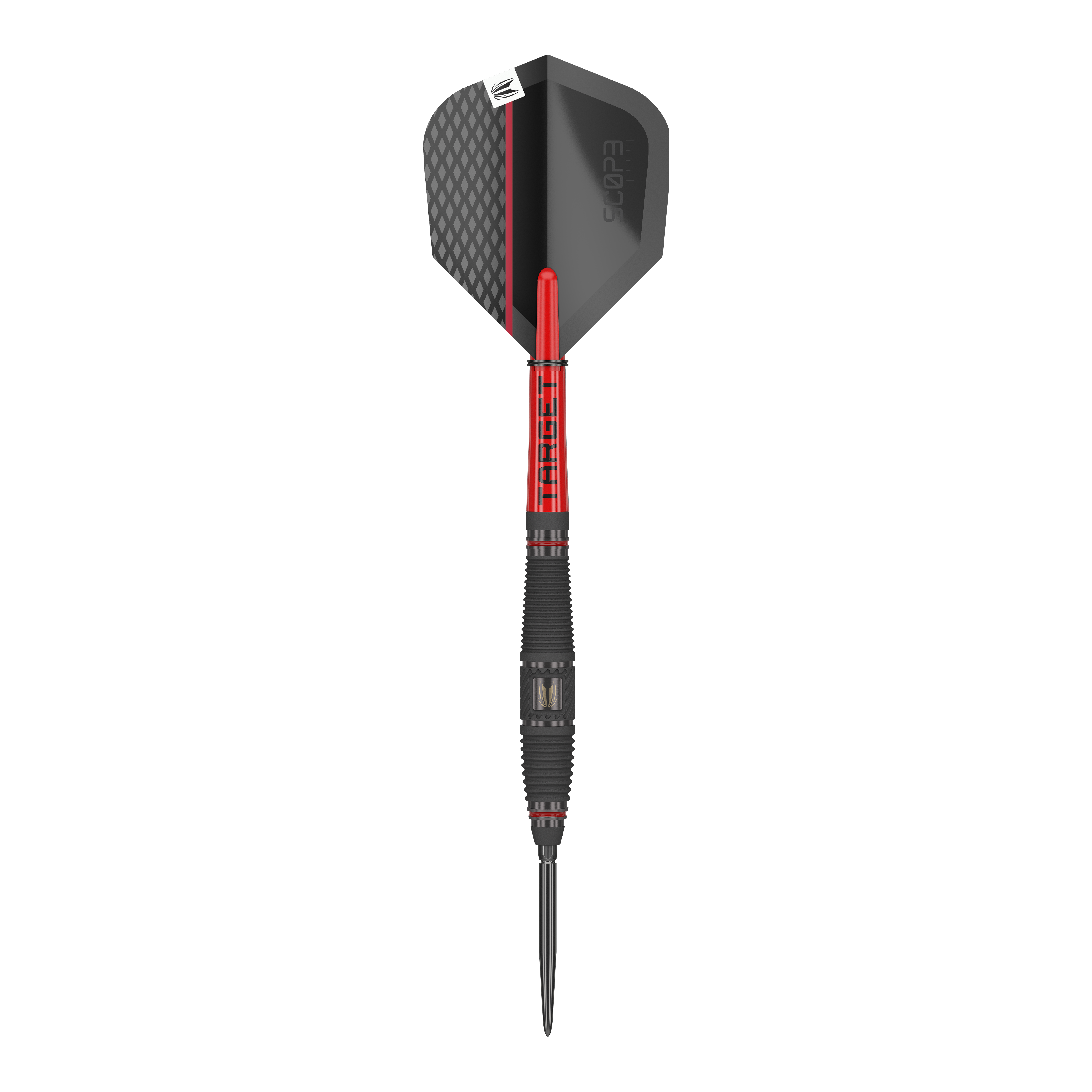 Target Scope 03 Swiss Point steel darts Das Bild zeigt einen Target Scope 03 Swiss Point Steeldart. Der Dart hat ein modernes Design mit schwarzen und roten Elementen sowie einer strukturierten Griffzone.