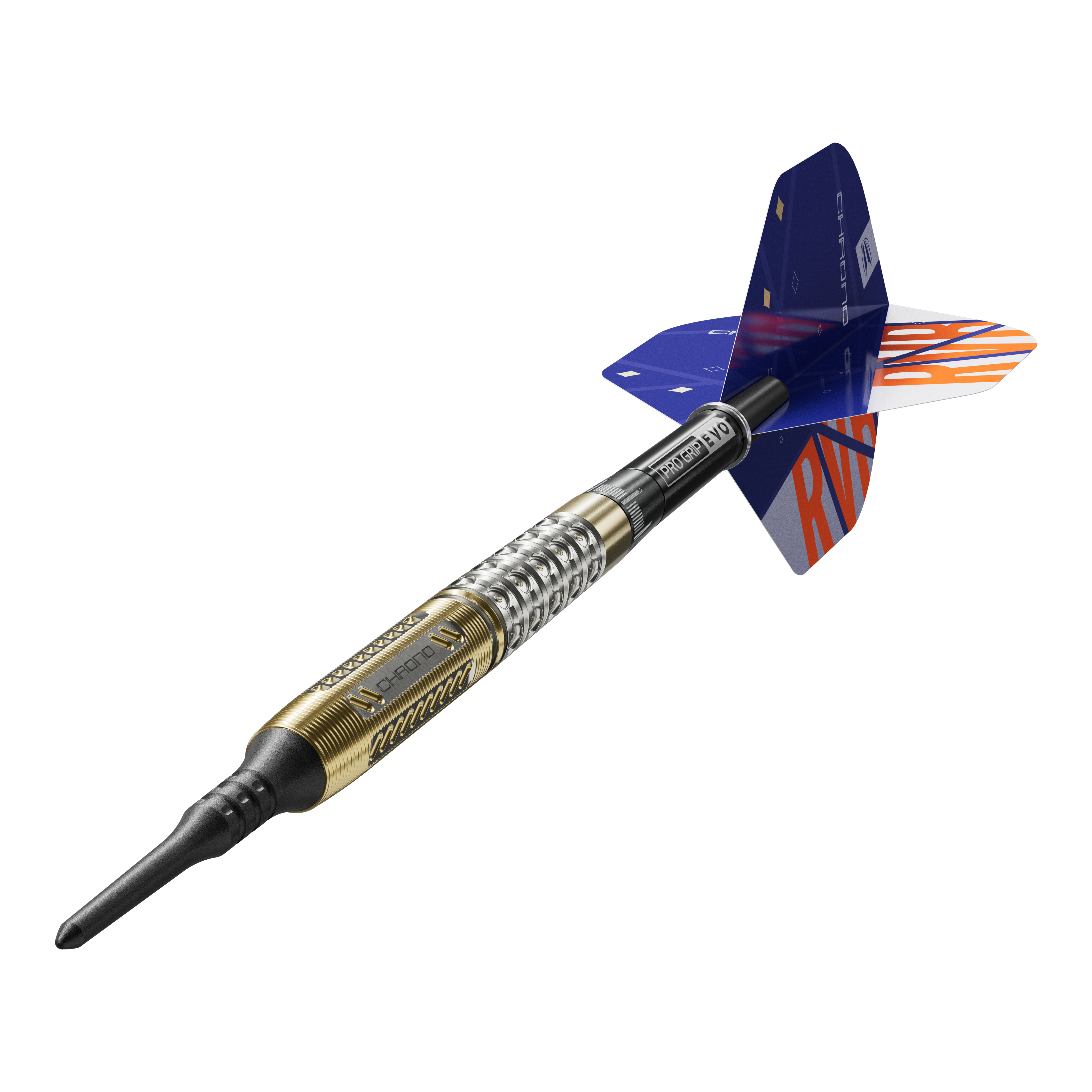 Target Raymond Van Barneveld Chrono 95 soft darts Das Bild zeigt einen Softdart namens "Target Raymond Van Barneveld Chrono 95". Der Dart hat einen gold-silbernen Griff und blaue Flights mit orangefarbenen Buchstaben.