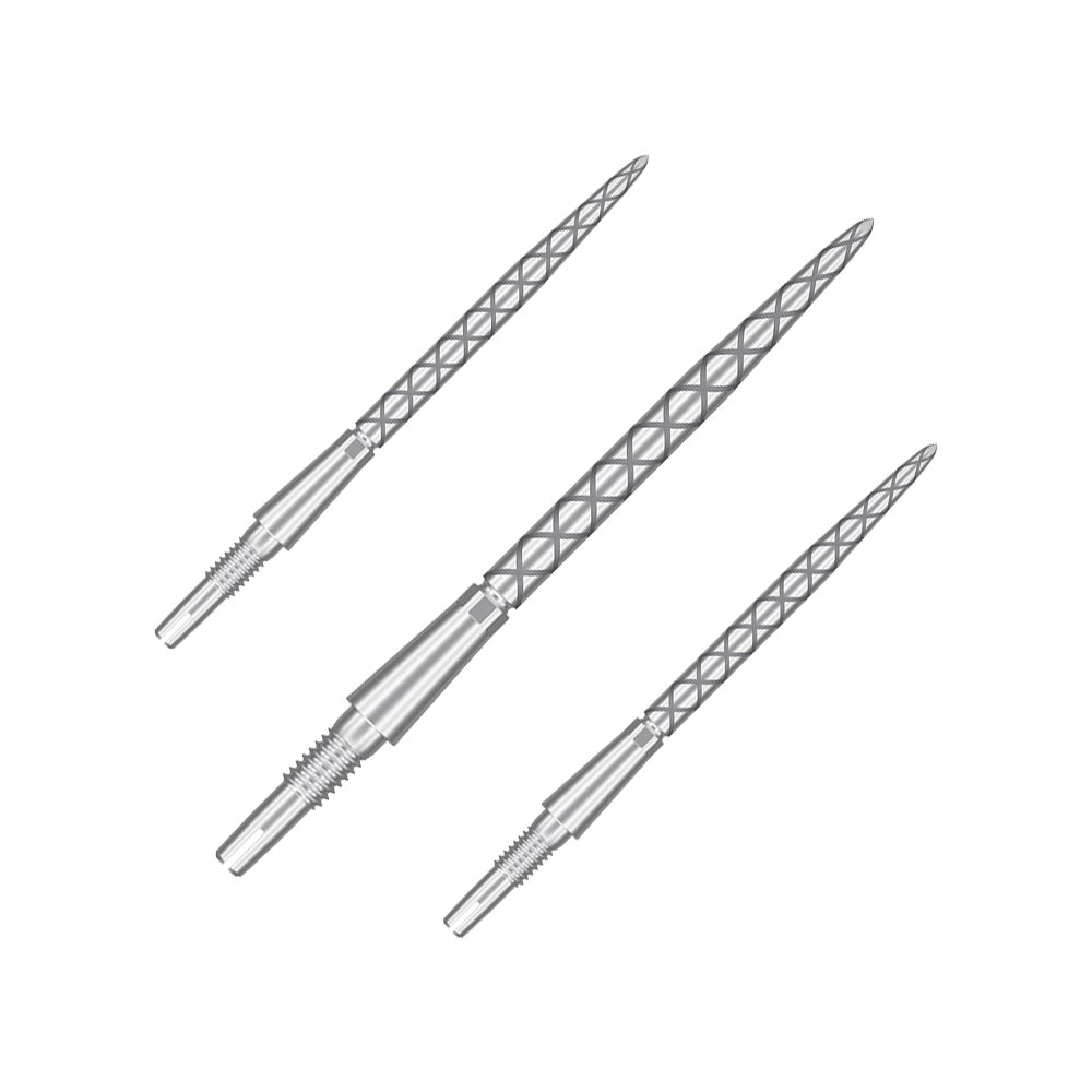 Target Swiss Storm Diamond Point Dart Tips - Silver Auf dem Bild sind drei silberne Dartspitzen mit einem rautenförmigen Muster zu sehen. Sie sind lang und schmal und liegen nebeneinander auf einem neutralen Hintergrund.