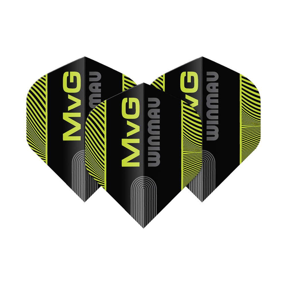 Winmau Prism Delta MvG Black Green Text No2 Standard Flights Das Bild zeigt die Winmau Prism Delta MvG Black Green Text No2 Standard Flights. Es handelt sich um Dart-Flights in Schwarz und Grün mit Text-Design.