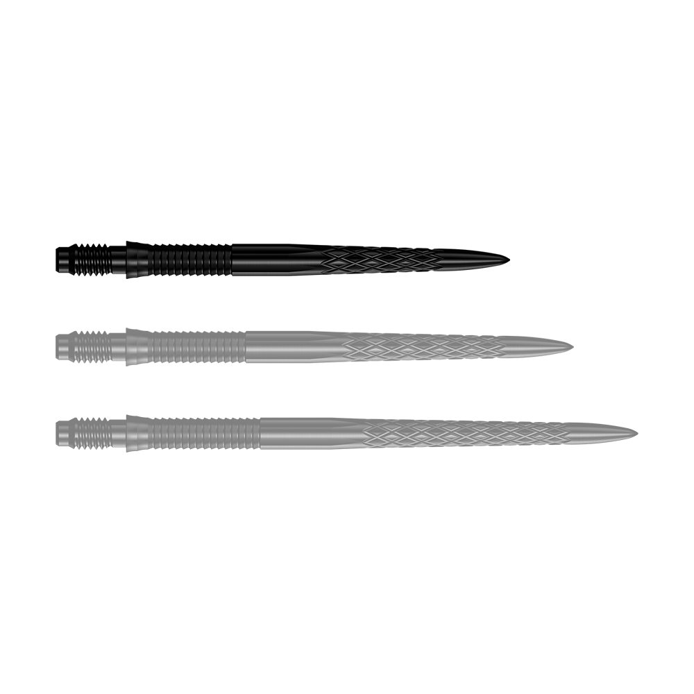 Mission R2.5 Rapid Point DSX Dart Tips - Black Das Bild zeigt eine Reihe von schwarzen Dartspitzen mit der Bezeichnung 30mm. Die Spitze ist für den Einsatz in Darts geeignet.