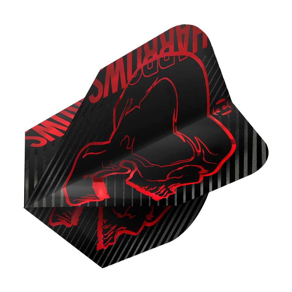 Harrows Rage Red No6 Flights Das Bild zeigt das Produkt "Harrows Rage Red No6 Flights". Die Flights sind schwarz mit roten Grafiken und Streifen verziert.