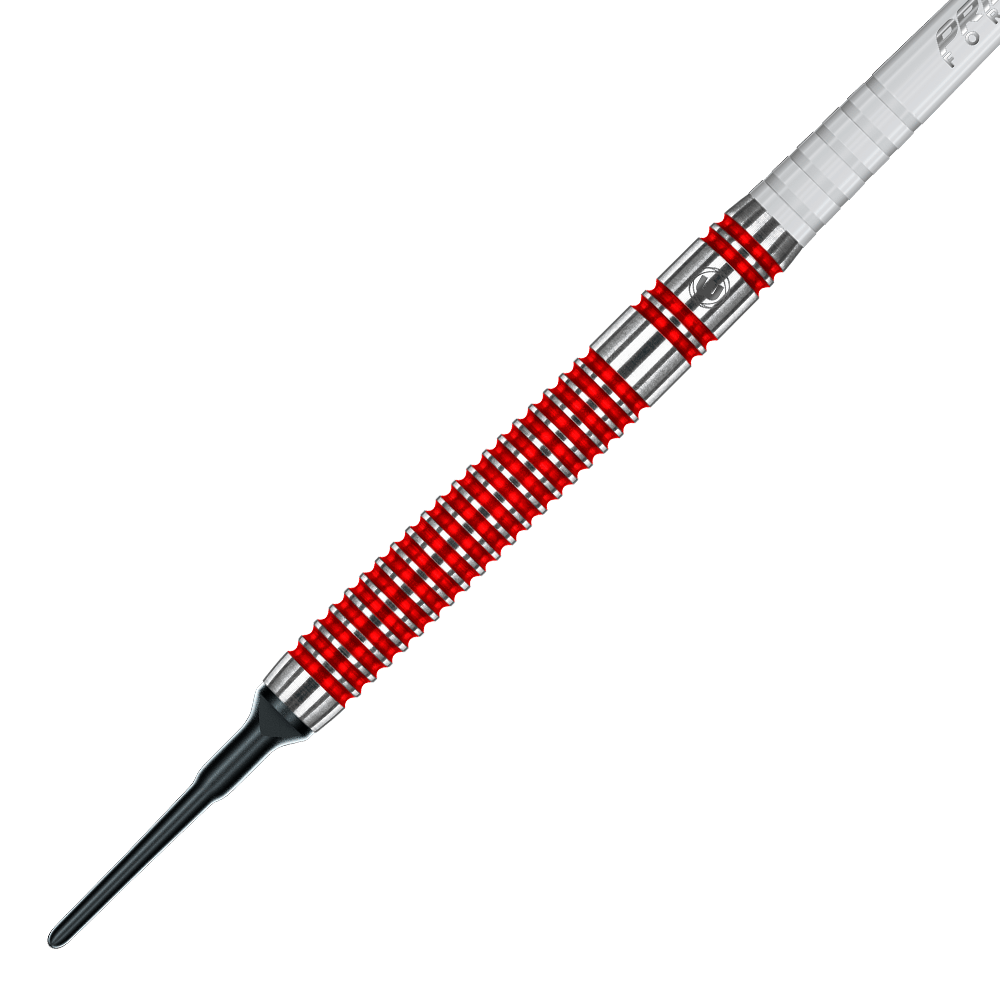 2429_Winmau_Overdrive_Softdarts_2eKsy1EcGzclNx Das Bild zeigt einen Winmau Overdrive Softdart mit einem Gewicht von 20 Gramm. Der Dart hat ein silbernes Barrel mit roten Ringen und einer schwarzen Kunststoffspitze.