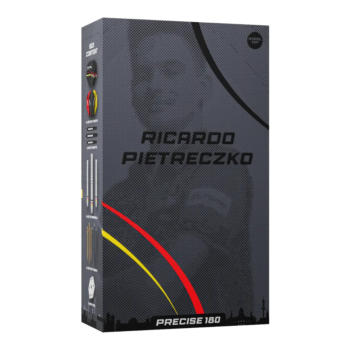 Precise 180 Ricardo Pietreczko GEN1 Steeldarts zeigen das Design dieser hochwertigen Dartpfeile. Diese Darts sind ideal für Wettkampfspieler.