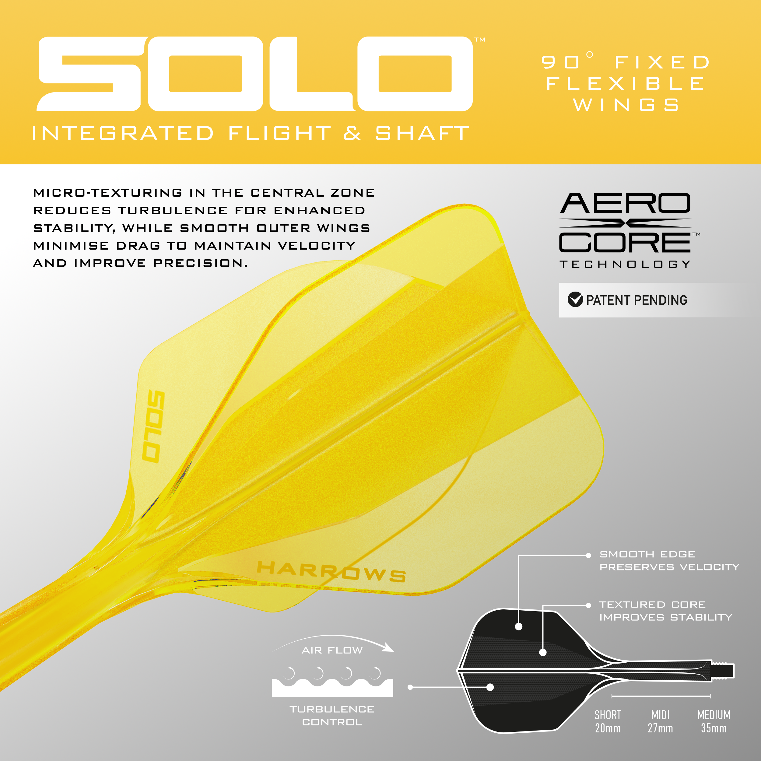 Harrows Solo No6 Flight Shaft System - Yellow Abgebildet ist das Harrows Solo No6 Flight-Shaft-System in Gelb. Dieses Produkt wird als Teil für Dartpfeile verwendet.