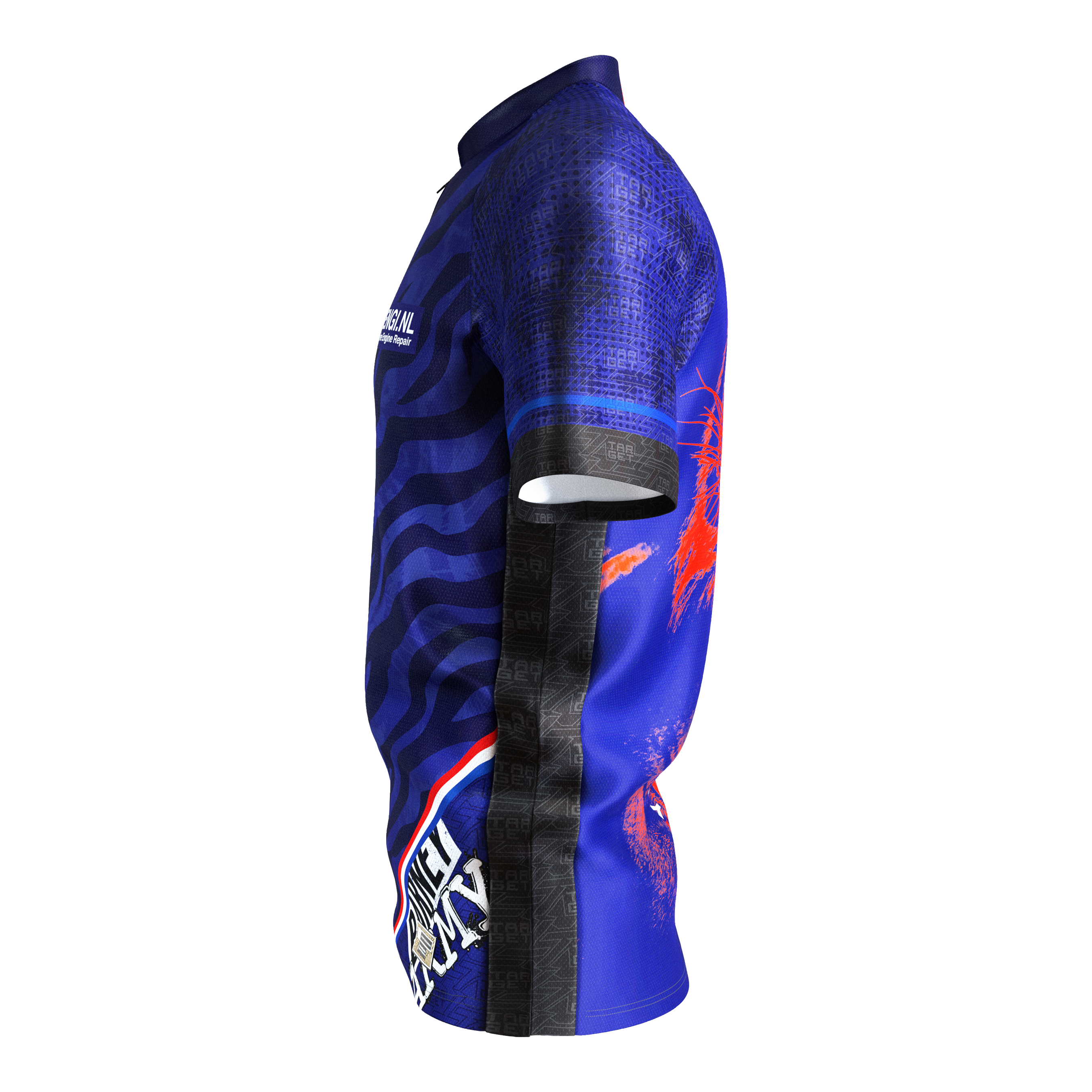 Target Coolplay Raymond Van Barneveld 2025 dart shirt Das Bild zeigt das Target Coolplay Raymond Van Barneveld 2025 Dartshirt. Das Shirt ist überwiegend blau mit schwarzen und roten Akzenten und auffälligem Design.