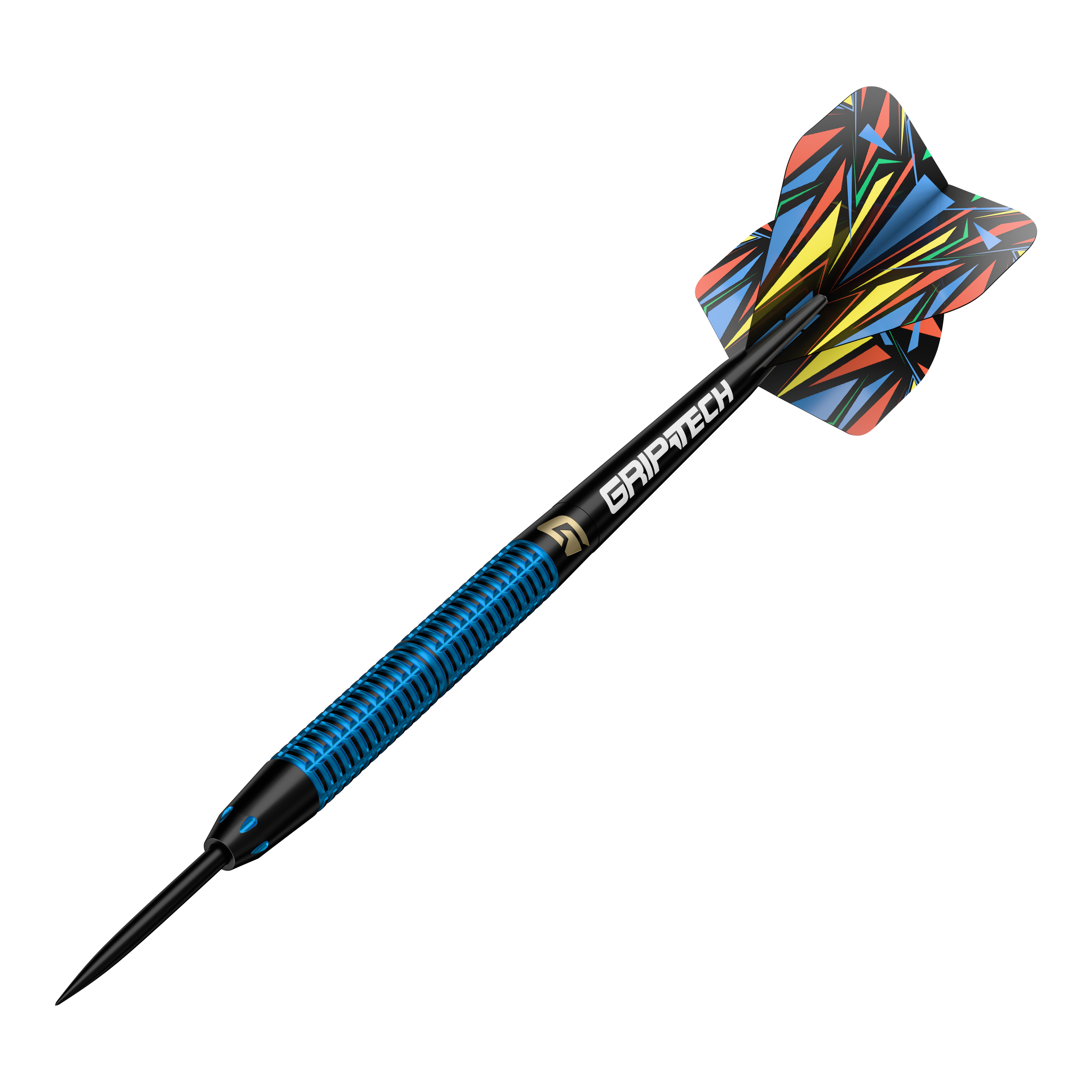 GOAT Athlete Blue Brass Steeldarts - 12g Dies ist der GOAT Athlete Blue Brass Steeldart mit einem Gewicht von 12g. Er hat ein auffälliges, bunt gemustertes Flight und einen blau-schwarzen Schaft mit der Aufschrift "GRIPTECH".