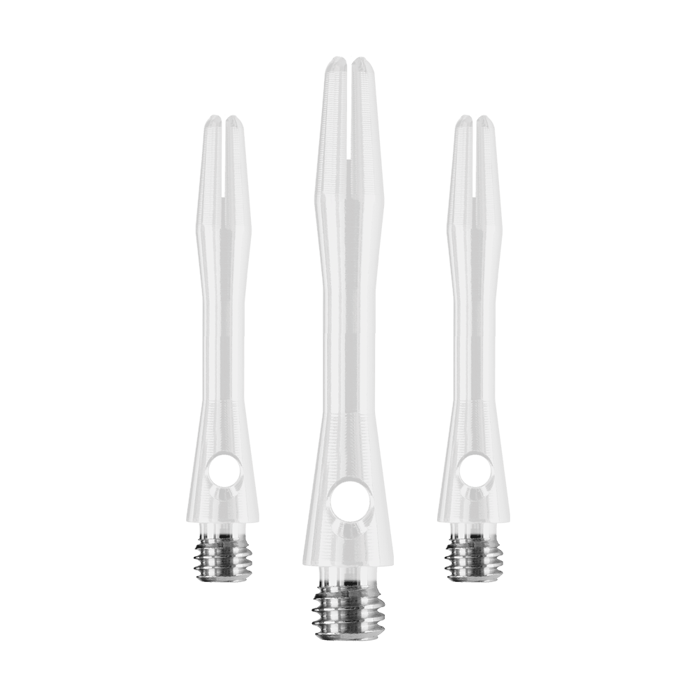 HR372_Harrows_Keramic_Shafts_Weiss_35mm_1 Das Bild zeigt drei weiße Harrows Keramic Shafts für Darts. Sie haben einen glänzenden Metallgewinde am unteren Ende.