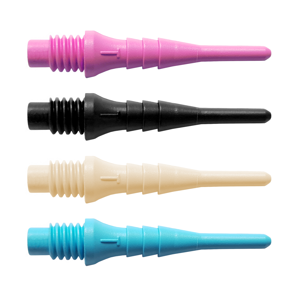 Bulls_Tefo-X_Softdartspitzen_-bersicht_1 Das Bild zeigt vier verschiedene Bulls Tefo-X Shark Points in den Farben Rosa, Schwarz, Weiß und Blau. Diese Spitzen sind Ersatzteile für Softdarts und kommen im 100er Pack.