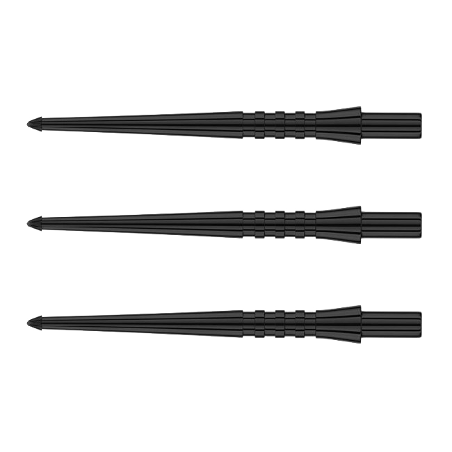 X0489-RedDragon-Raptor-GT-Points-1 Das Bild zeigt drei schwarze Dartspitzen des Produkts "RedDragon Raptor GT Points - 32mm - Spitzen". Die Spitzen sind schmal, lang und haben eine gerillte Struktur im mittleren Bereich.