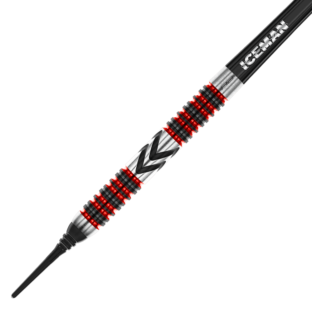 RD2569_Red_Dragon_Gerwyn_Price_Firebird_Softdarts_2 Dies ist ein Red Dragon Gerwyn Price Firebird Softdart mit einem Gewicht von 20g. Der Dart hat ein auffälliges Design mit roten und schwarzen Ringen sowie der Aufschrift „ICEMAN“.