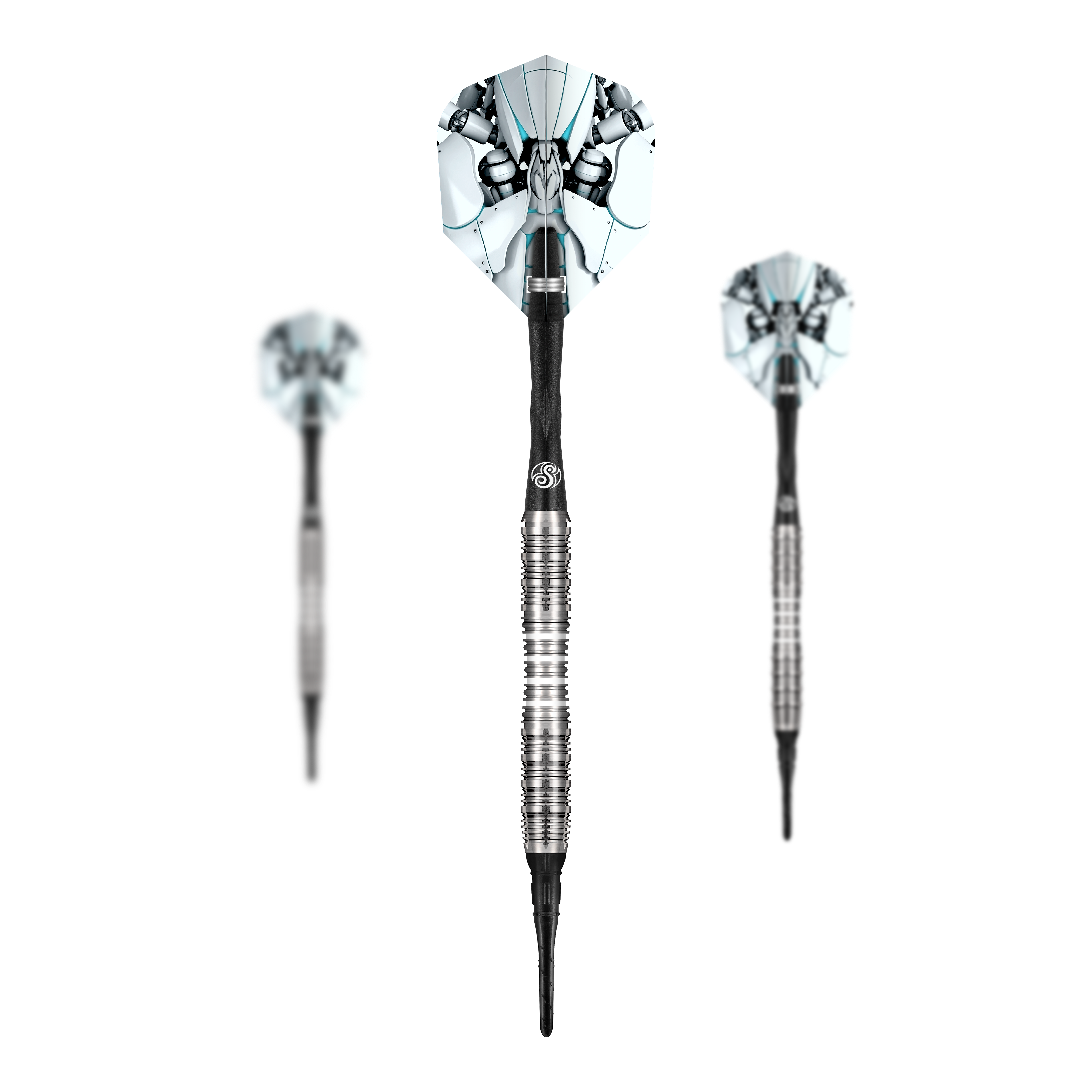 Das Bild zeigt ein komplettes Set der Shot AI Scorpula Softdarts - 20g. Es handelt sich um ein Set für Softdart-Spieler.