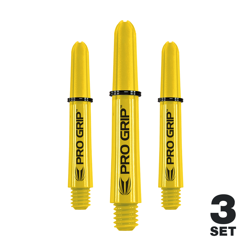 Auf dem Bild sind drei gelbe Dartschäfte mit der Aufschrift "PRO GRIP" zu sehen. In der rechten unteren Ecke steht "3 SET".
