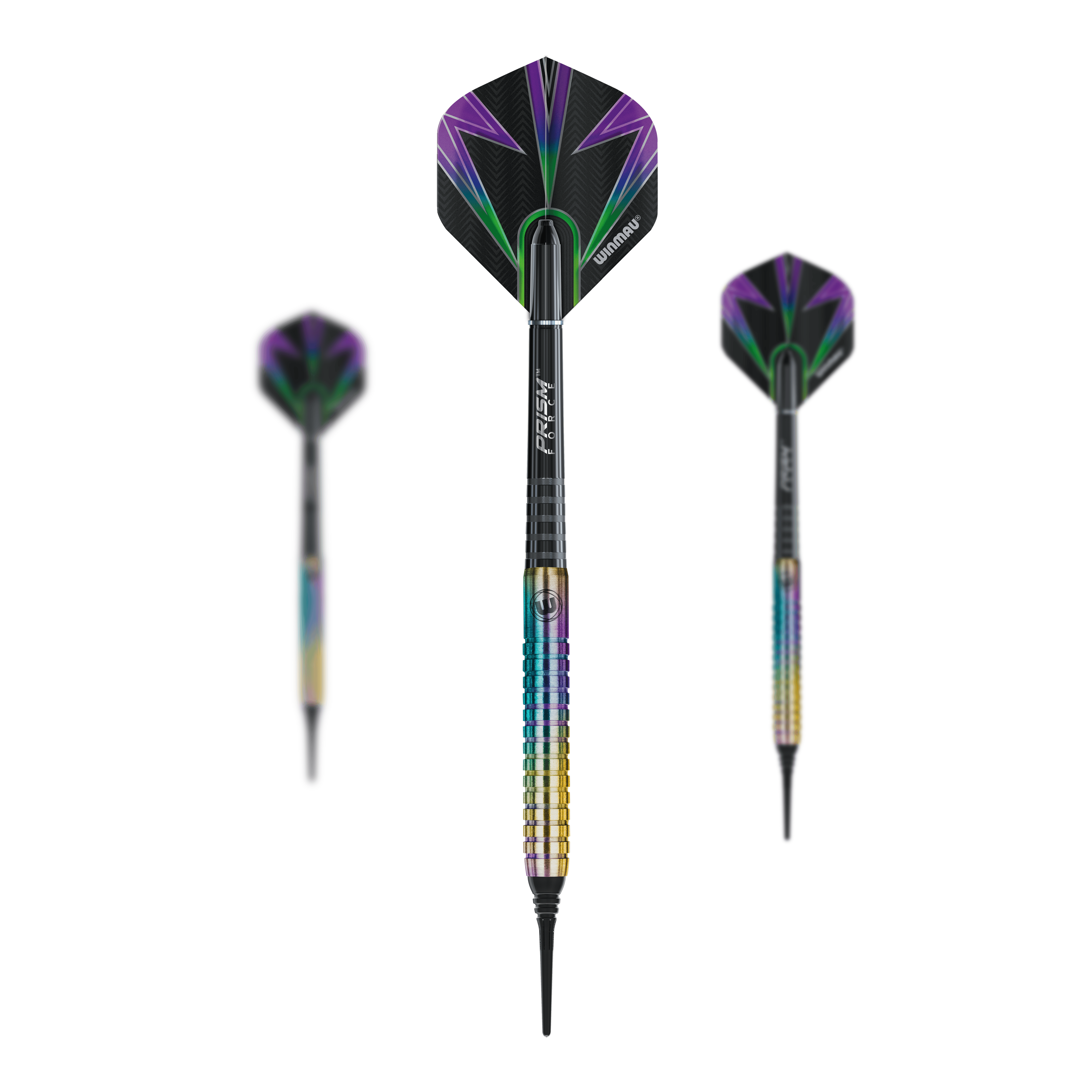 Winmau Foxfire Urban Soft Darts - 20g Das Bild zeigt drei Winmau Foxfire Urban Softdarts mit einem Gewicht von 20g. Die Darts haben auffällige, bunte Flights mit lila und grünen Blitzmustern sowie einen metallisch schimmernden Griff.