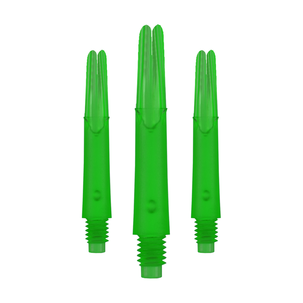 L-L-Style-Shafts Locked Straight - Green L-Style L-Shafts Locked Straight, spezielle Farbe, längeres Set. Das Foto zeigt drei lange Dart-Schäfte aufgereiht.