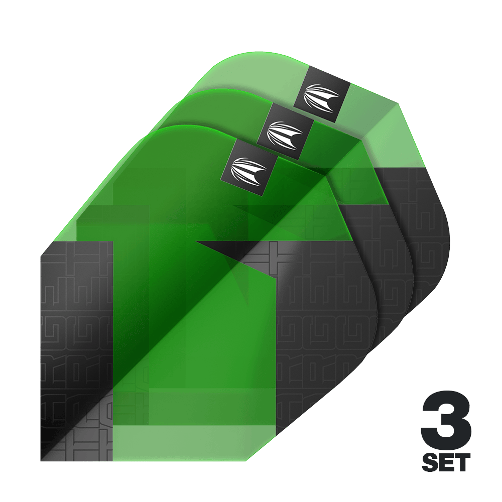 Target Pro Ultra TAG Green Ten-X Standard Flights - 3 Sets Auf dem Bild sind drei grüne und schwarze Dart-Flights mit einem modernen Muster zu sehen. Unten rechts steht "3 SET", was auf drei Sets hinweist.