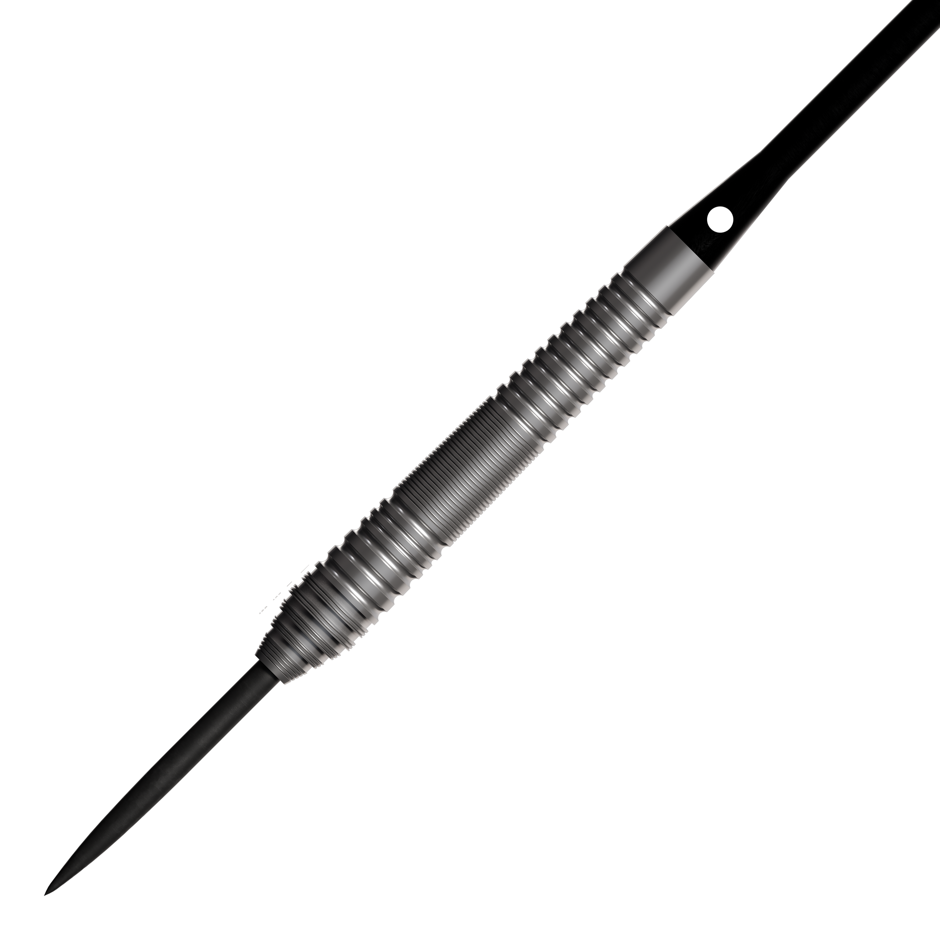 Bulls NL Dirk Van Duijvenbode 80 steel darts Auf dem Bild ist ein Steeldart mit einem silbernen, geriffelten Griff und einer schwarzen Spitze zu sehen. Es handelt sich um das Produkt "Bulls NL Dirk Van Duijvenbode 80 Steeldarts".