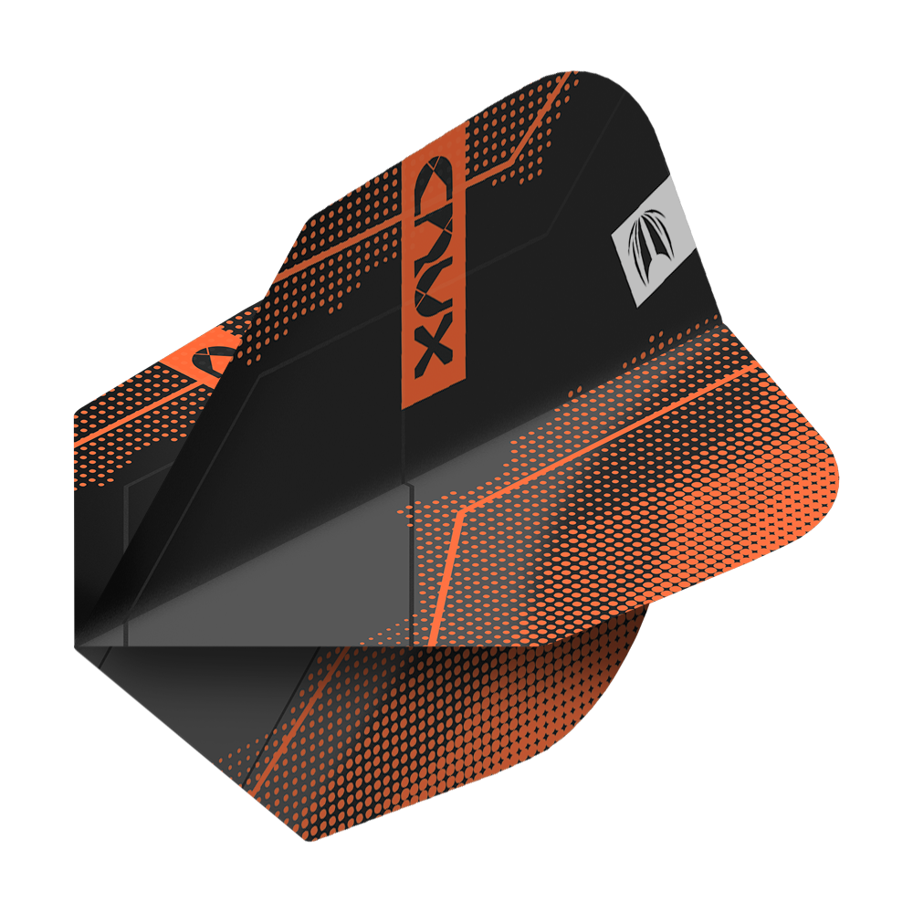 Target Pro Ultra Crux No6 Flights - 3 Sets - 3 Sets Das Bild zeigt einen schwarzen Dartflight mit orangefarbenen Akzenten und dem Schriftzug "CRUX". Das Produkt heißt "Target Pro Ultra Crux No6 Flights - 3 Sets".