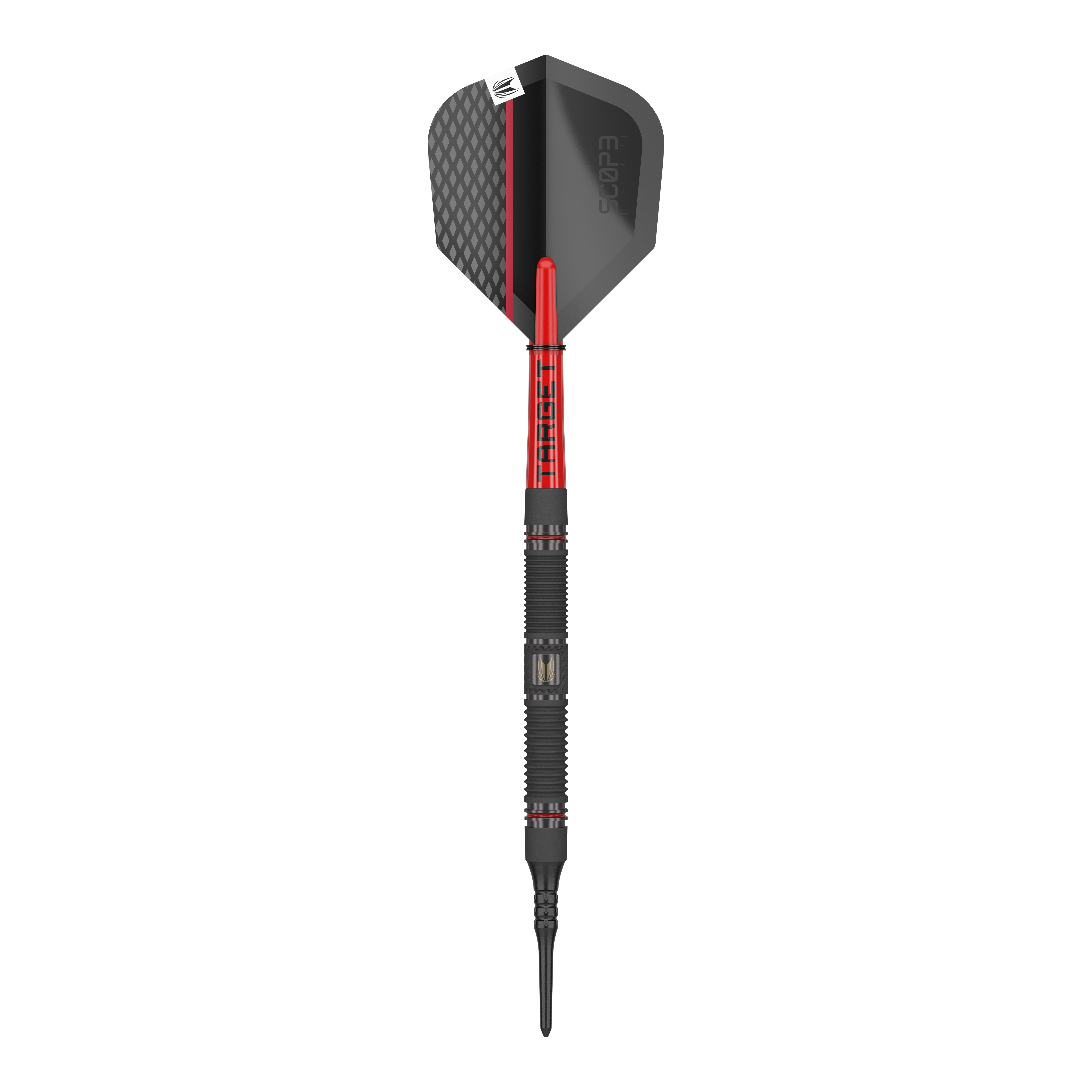 Target Scope 10 Soft Darts Das Bild zeigt einen Target Scope 10 Softdart. Der Dartpfeil hat ein schwarzes und rotes Design mit einer strukturierten Spitze und einer schwarzen Flight.