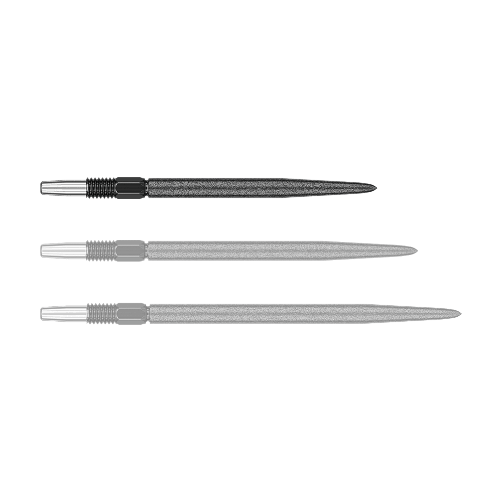 Target Swiss Point SLK dart tips - Black Auf dem Bild sind drei schwarze Dartspitzen mit silberfarbenem Gewinde zu sehen. Sie liegen nebeneinander auf weißem Hintergrund.