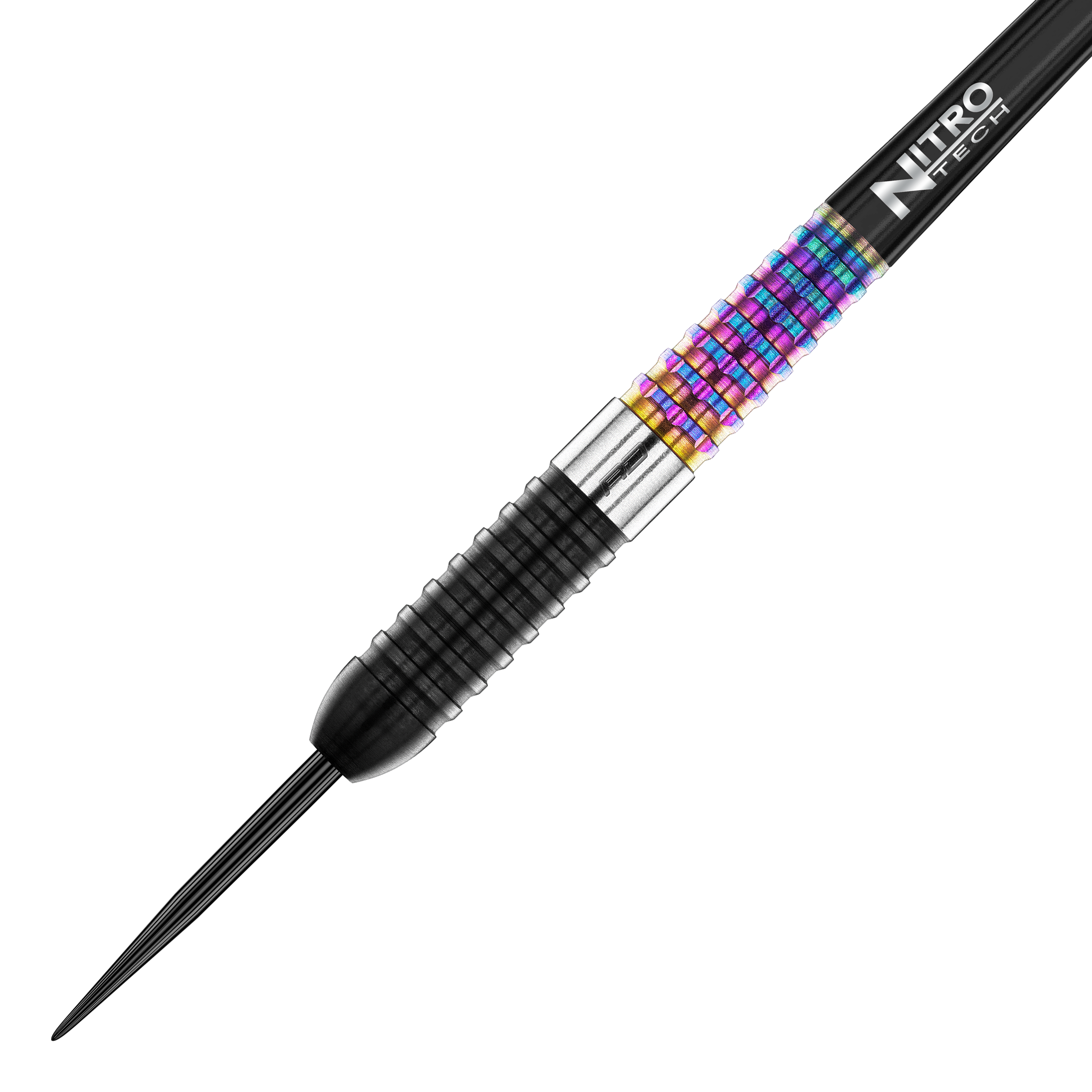 Das Bild zeigt einen Red Dragon Peter Wright Corra Steeldart. Der Dartpfeil hat einen auffälligen, bunten Griffbereich und eine schwarze Spitze.