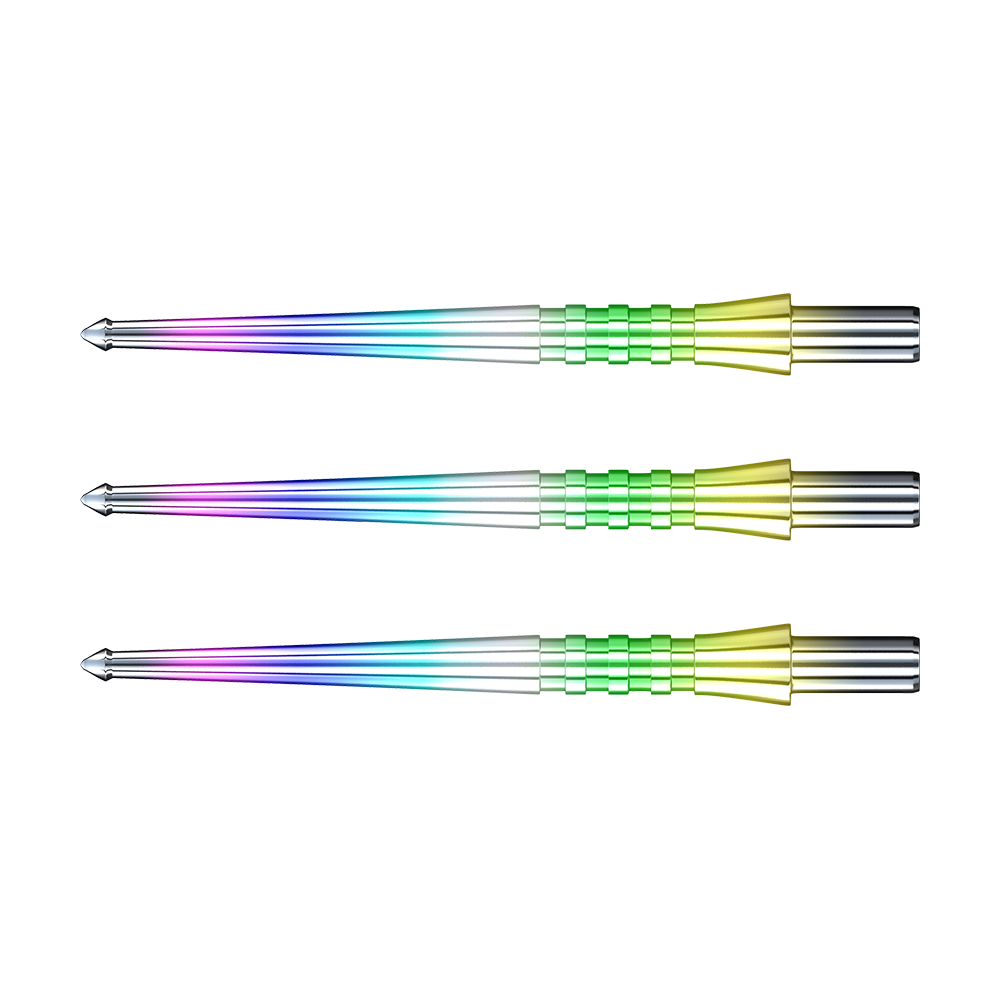 X0576_Red_Dragon_Raptor_GT_Rainbow_Point_Steeldartspitzen_1 Das Bild zeigt drei bunte Dartspitzen des Produkts „RedDragon Raptor GT Rainbow Points Spitzen“. Sie haben einen metallischen Glanz und leuchten in verschiedenen Regenbogenfarben.