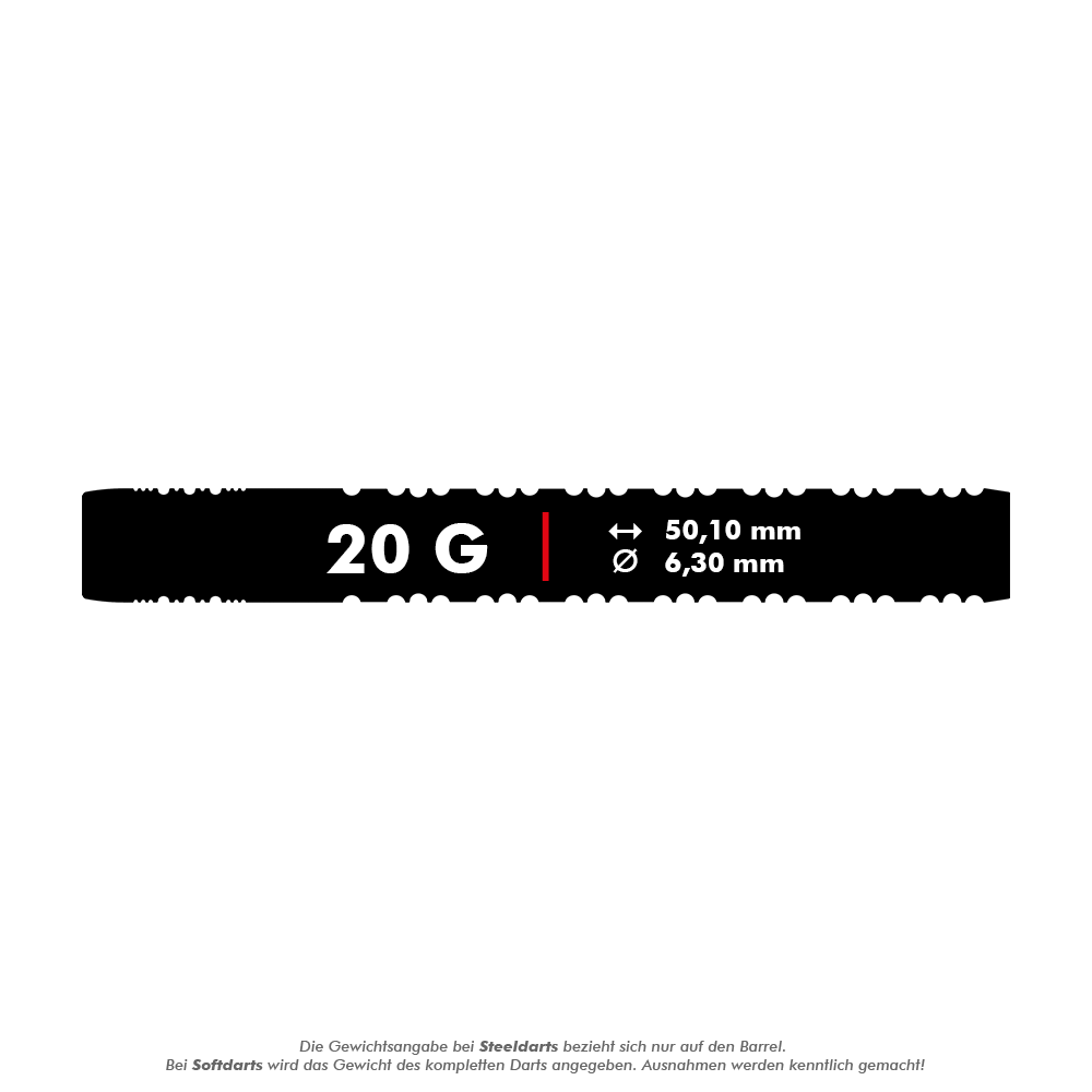 Target Chris Dobey Hollywood Action Softdarts - 20g Das Bild zeigt die Maße des Produkts "Target Chris Dobey Hollywood Action Softdarts - 20g". Der Dart wiegt 20 Gramm, ist 50,10 mm lang und hat einen Durchmesser von 6,30 mm.