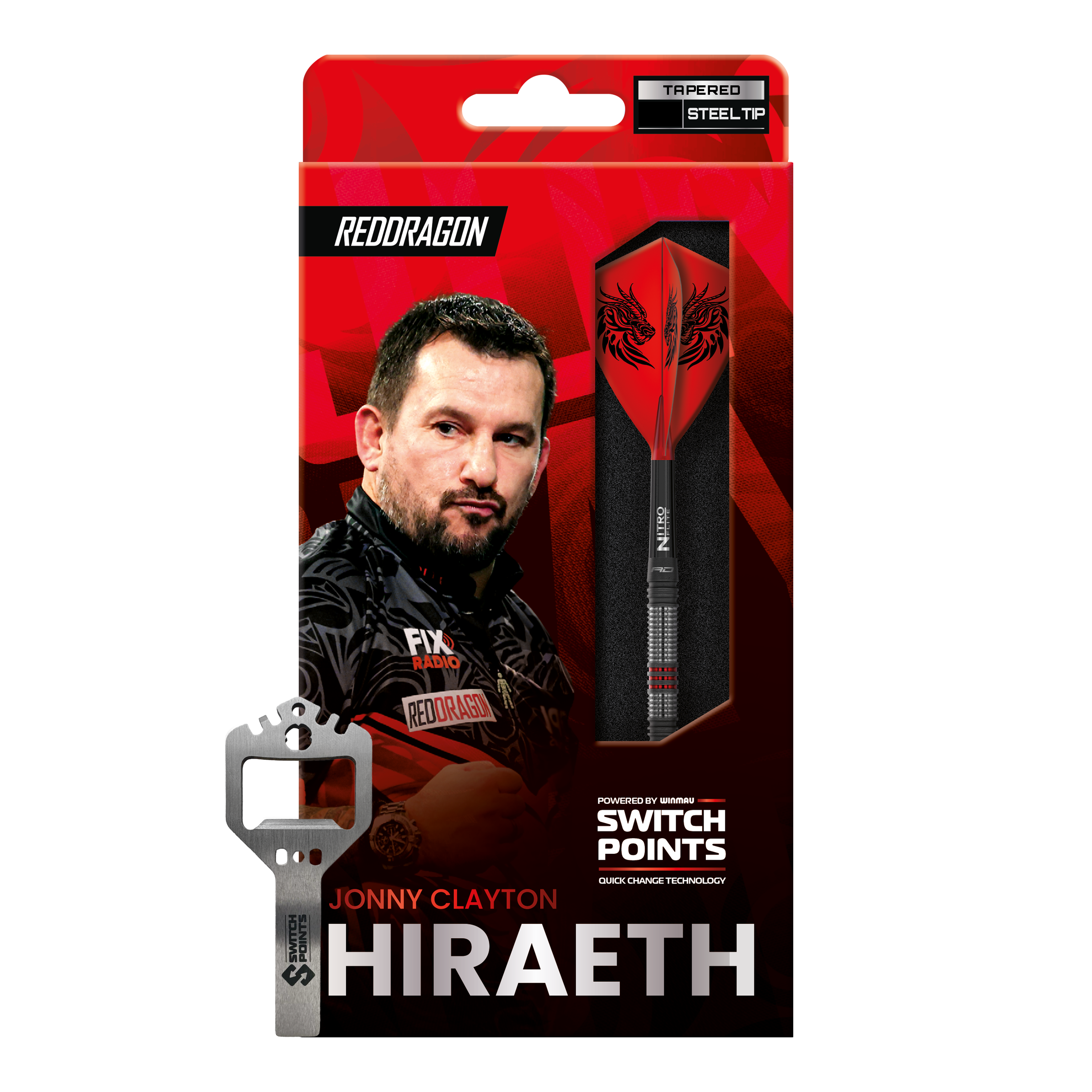 Red Dragon Jonny Clayton Hireath Switch Point Steeldarts sind abgebildet. Die Darts zeichnen sich durch ihr elegantes Design und hochwertige Verarbeitung aus.