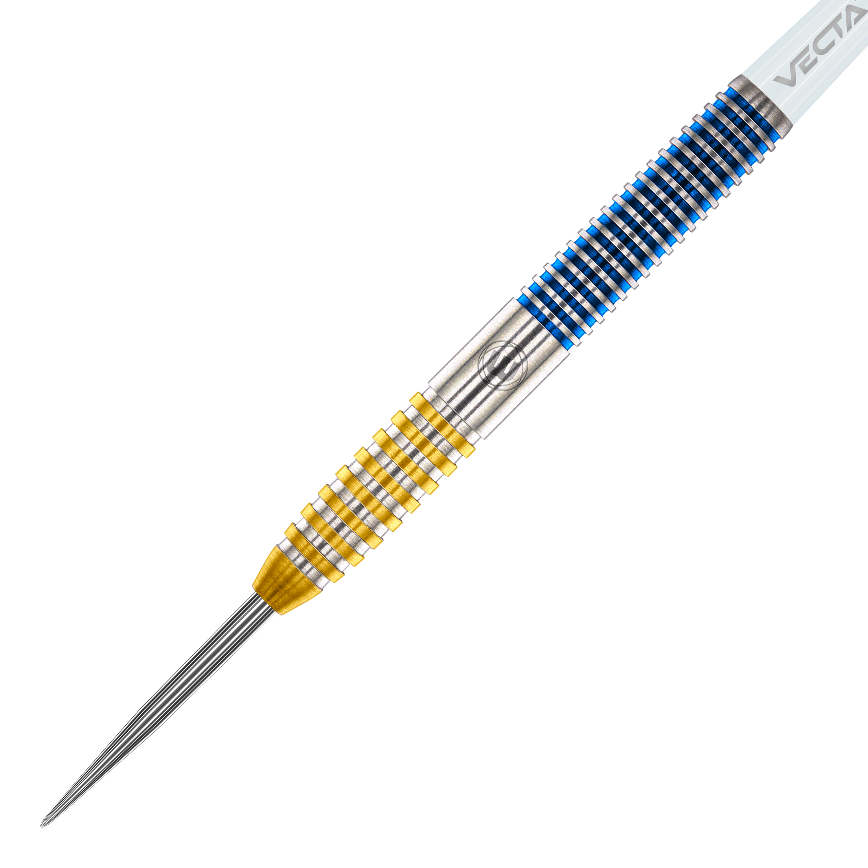 Winmau Daryl Gurney SC 1.0 Series Steeldarts - 23g Das Bild zeigt einen Winmau Daryl Gurney SC 1.0 Series Steeldart mit einem Gewicht von 23 Gramm. Der Dart hat ein auffälliges Design mit gelben und blauen Ringen am Griff.