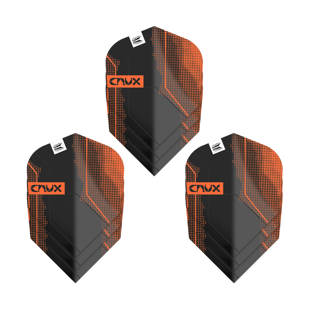 Target Pro Ultra Crux No6 Flights - 3 Sets - 3 Sets Das Bild zeigt drei Sets von Target Pro Ultra Crux No6 Flights. Die Flights sind schwarz mit orangefarbenen Akzenten und dem Schriftzug "Crux".