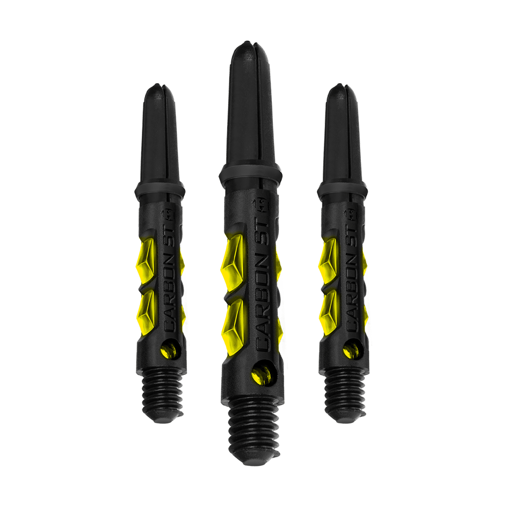 Das Bild zeigt drei Harrows Carbon ST Shafts in Gelb. Die Schäfte sind schwarz mit gelben Akzenten und haben eine robuste, moderne Optik.