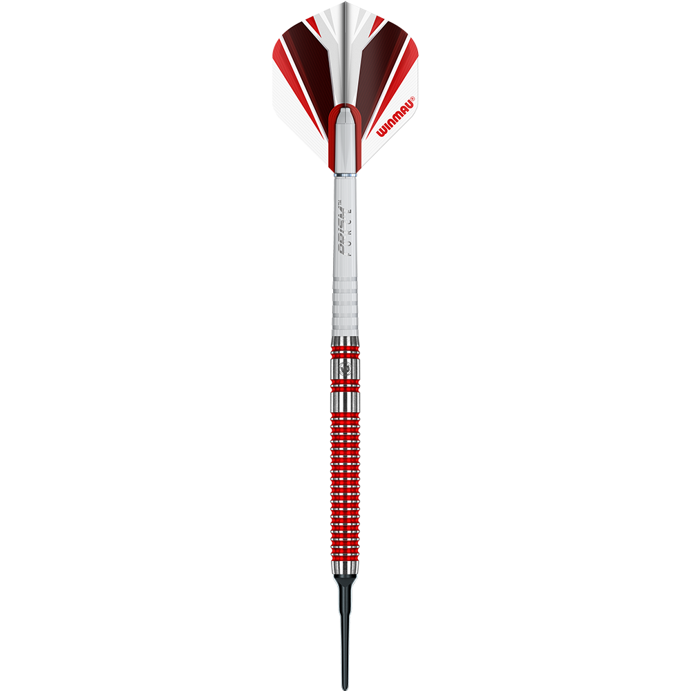 2429_Winmau_Overdrive_Softdarts_1JFsfRHw6pkaup Das Bild zeigt einen Winmau Overdrive Softdart mit einem Gewicht von 20 Gramm. Der Dart hat ein silbernes und rotes Design mit einem roten Winmau-Flight.