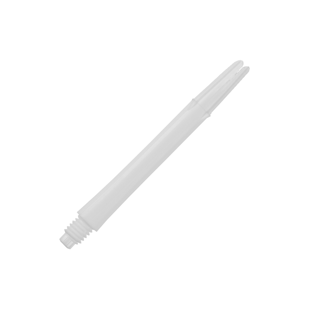 Auf dem Bild ist ein gerader, weißer Dartshaft ohne Kappen zu sehen. Der Shaft ist schlicht gestaltet und hat eine Länge von 46 mm.