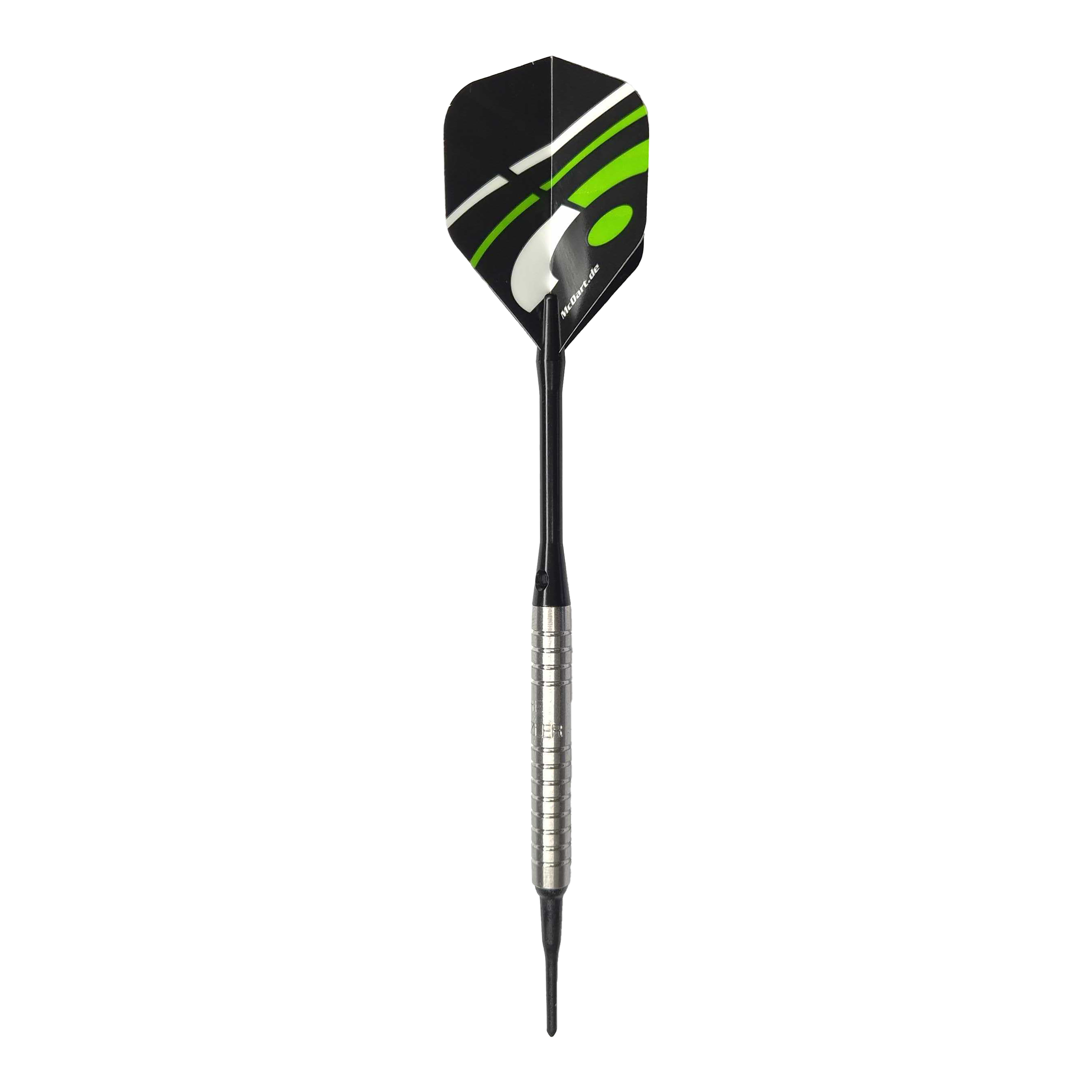 McDart 85 Tungsten V16 soft darts - 16.5g Das Bild zeigt einen McDart 85er Tungsten V16 Softdart mit einem Gewicht von 16,5g. Der Dart besitzt einen silbernen, gerillten Barrel und schwarze sowie grüne Akzente auf dem Flight.