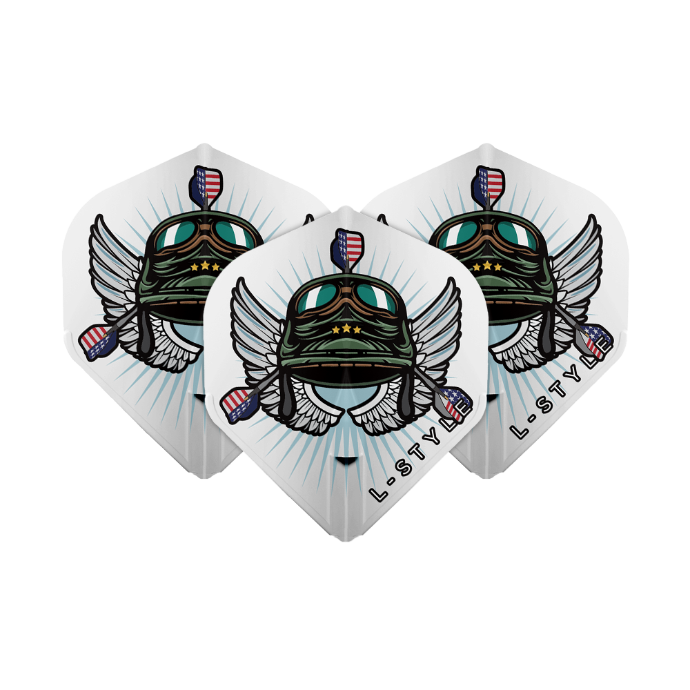 L-Style_Leonard_Gates_V3_White_L1EZ_Flights_1vyGGYwkxdhUgb Das Bild zeigt drei weiße L-Style Leonard Gates V3 L1EZ Flights. Auf den Flights befindet sich ein farbenfrohes Design mit Fliegerhelm, Flügeln und amerikanischen Flaggen.