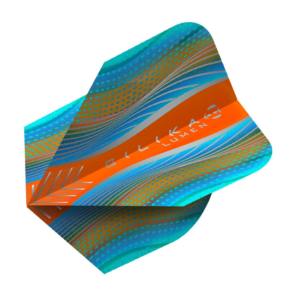HF5126_Harrows_Silikia_Lumen_Cyan_Orange_No6_Flights_2 Das Bild zeigt das Produkt "Harrows Silika Lumen Cyan Orange No6 Flights". Die Flugfeder ist in den Farben Cyan, Orange und Blau gestaltet und hat ein modernes, liniertes Muster.