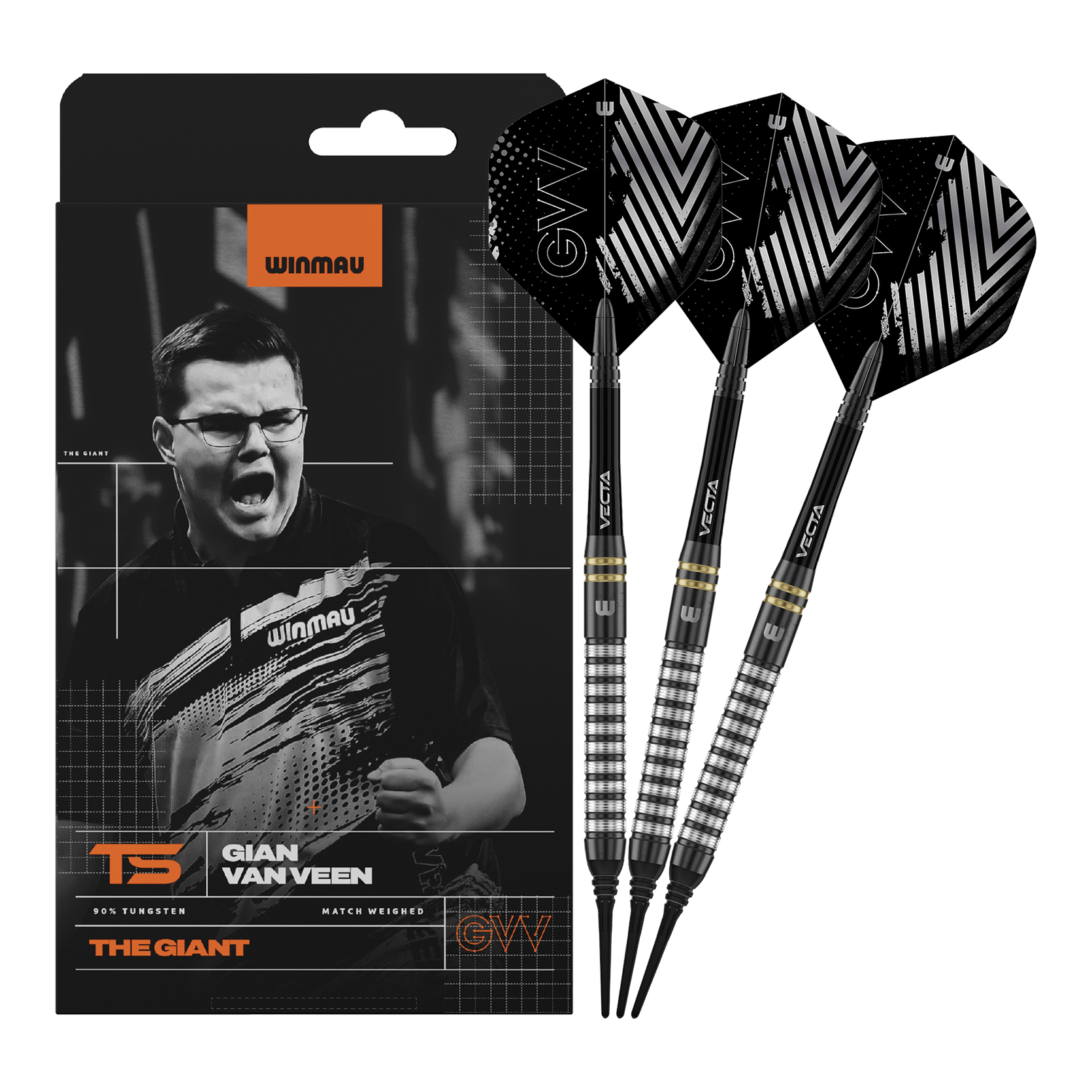 Winmau Gian Van Veen TS soft darts - 18g Winmau Gian Van Veen TS Softdarts mit 18g werden komplett dargestellt. Alle drei Darts sind zusammen zu sehen.