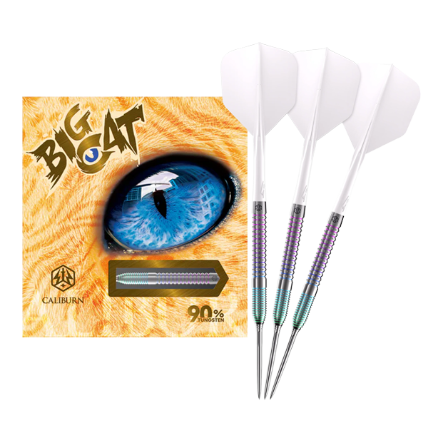 Caliburn Big Cats Ocelot steel darts Caliburn Big Cats Ozelot Steeldarts mit einem Gewicht von 23g. Das Bild zeigt die gesamte Länge des Dartpfeils.