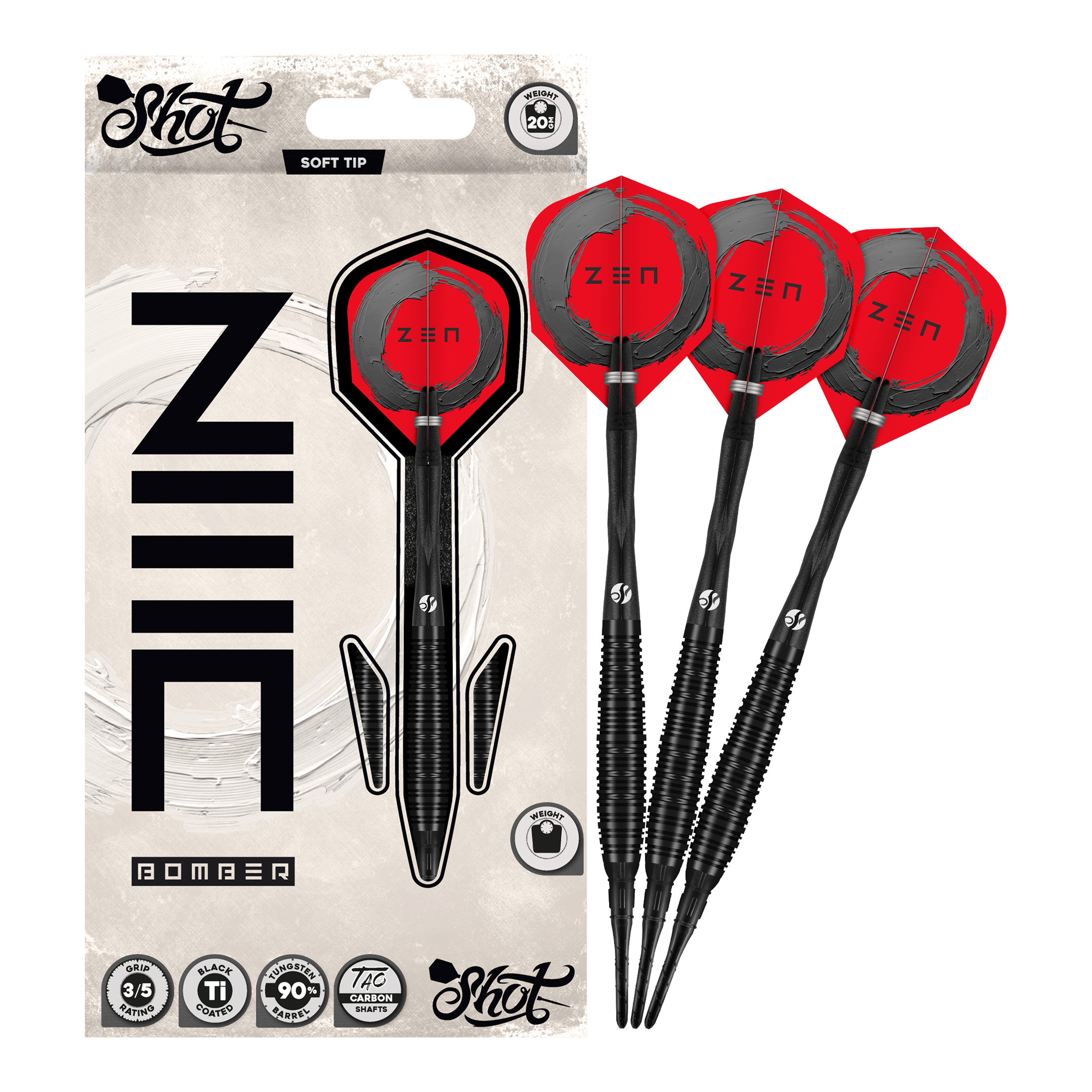 Shot ZEN Bomber soft darts - 20g Zu sehen sind die Shot ZEN Bomber Softdarts - 20g. Sie zeichnen sich durch ihre spezielle Form und das ansprechende Aussehen aus.